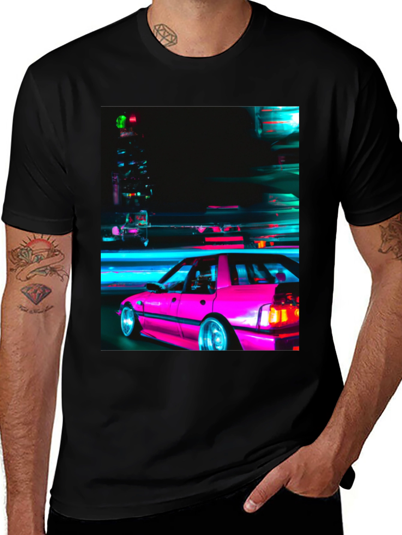 Retro Pink Car T-Shirt - Black Graphic Tee