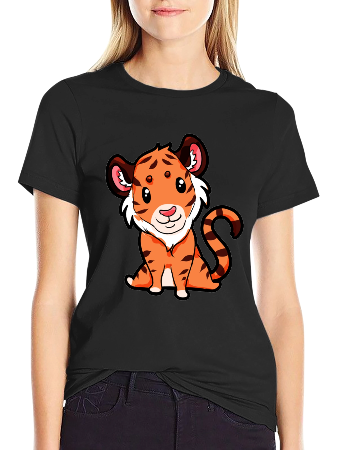 Cute Tiger Graphic Tee - Black Cotton T-Shirt