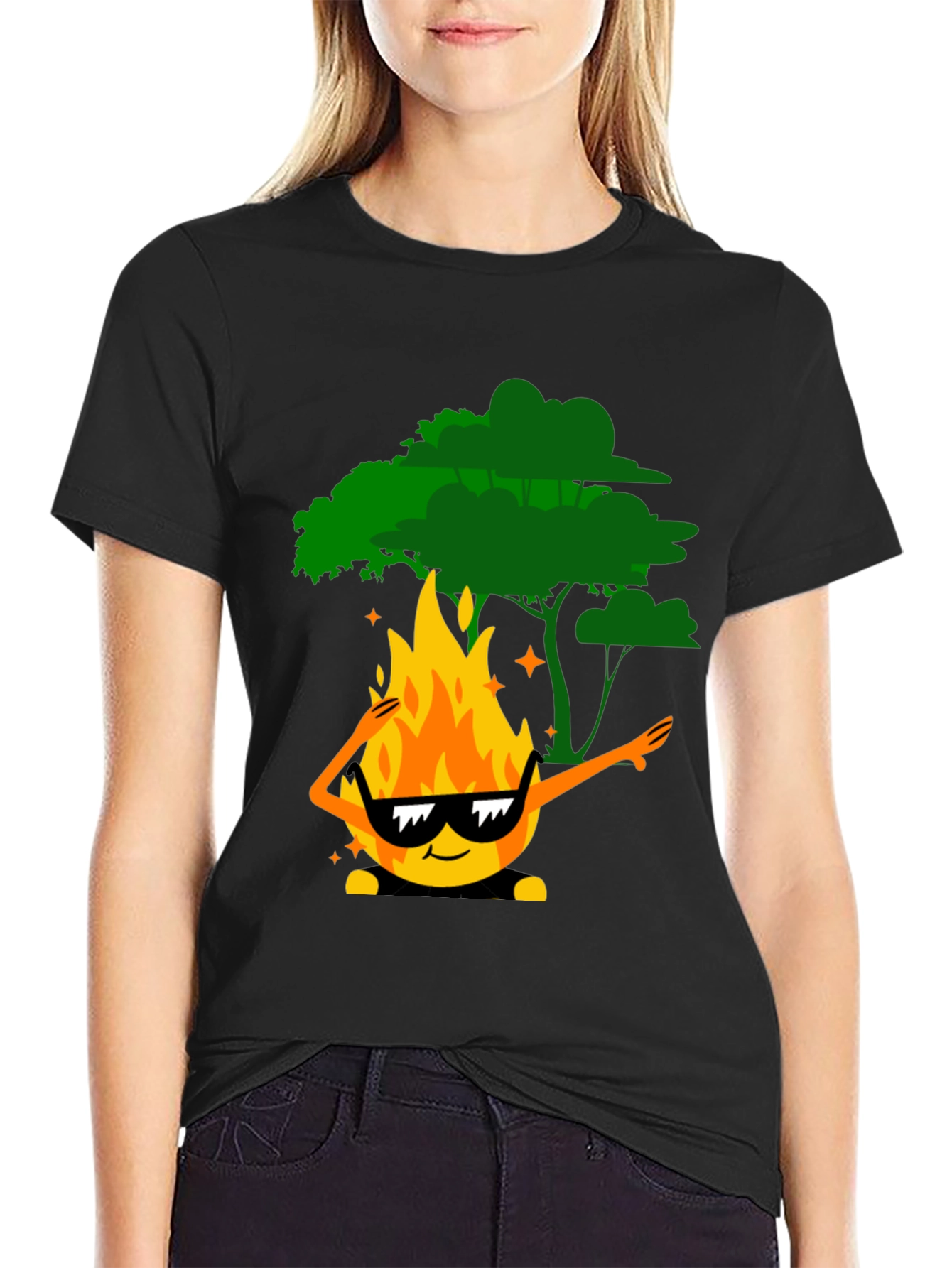 Dabbing Fire & Tree Graphic T-Shirt - Black