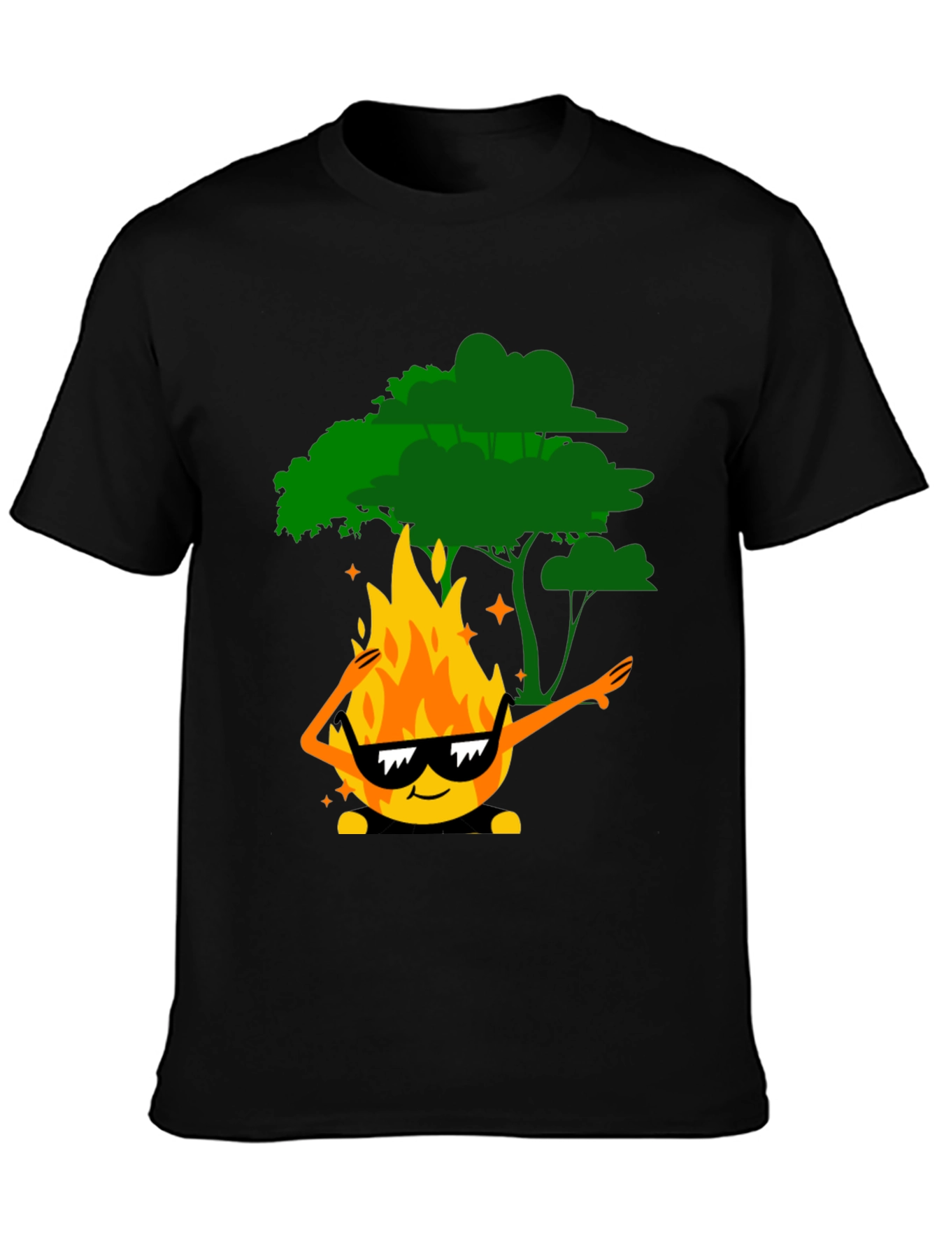 Dabbing Fire & Tree Graphic T-Shirt - Black