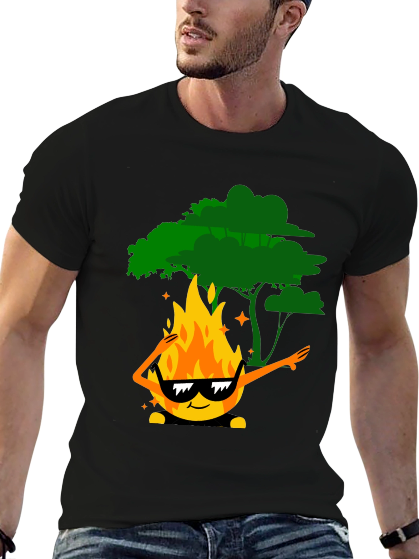 Dabbing Fire & Tree Graphic T-Shirt - Black