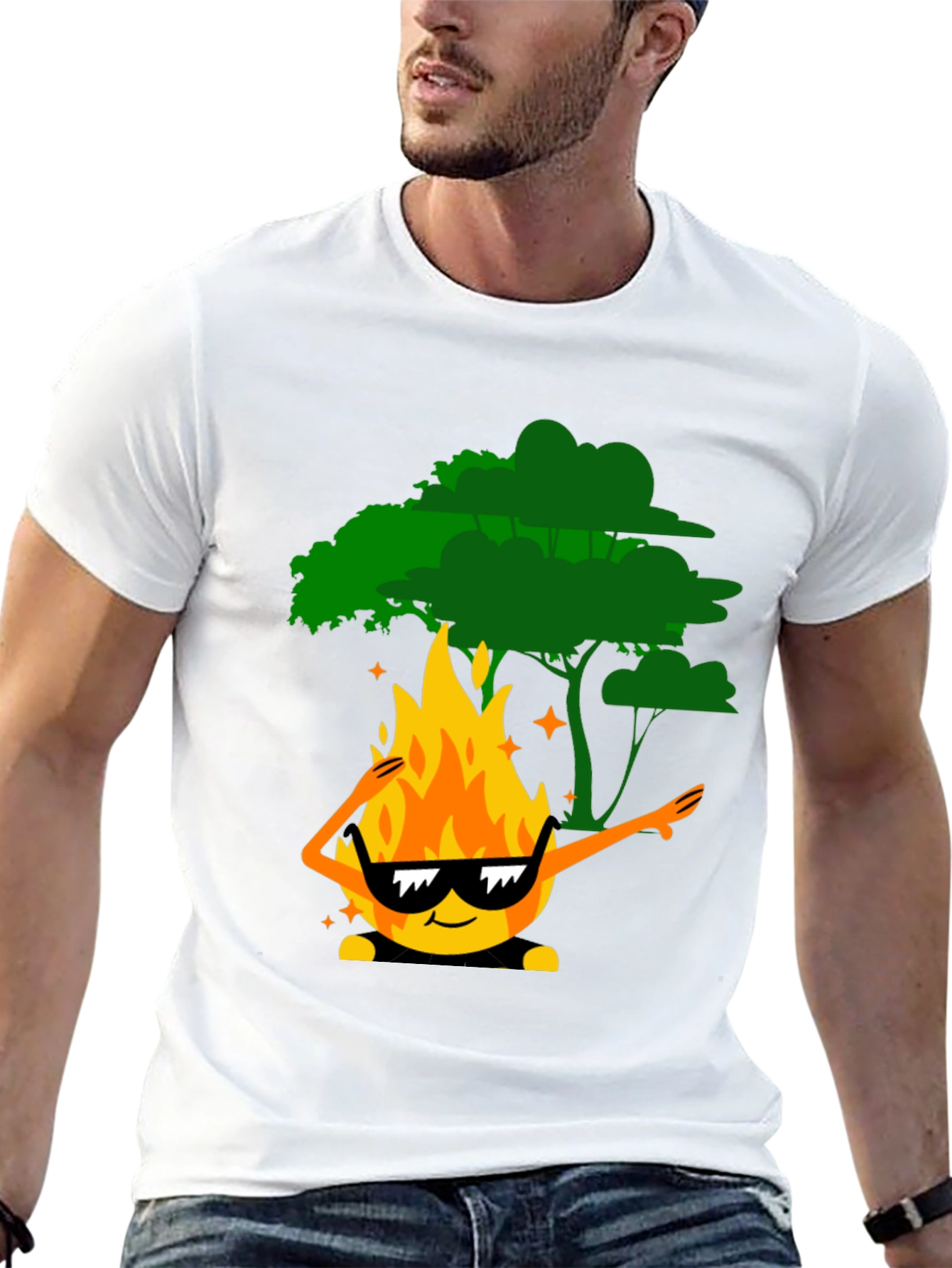 Dabbing Fire & Tree Graphic T-Shirt - Black