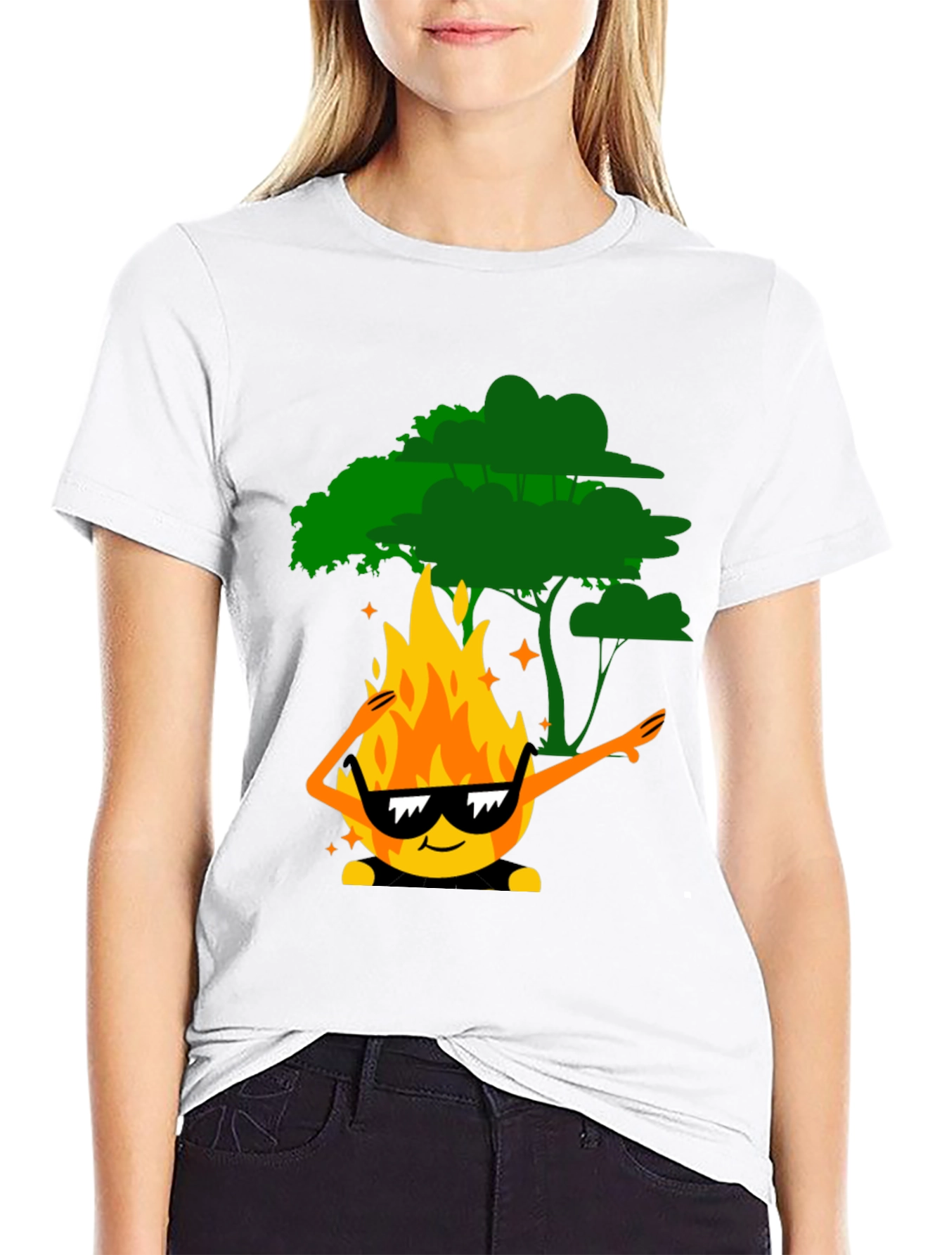 Dabbing Fire & Tree Graphic T-Shirt - Black