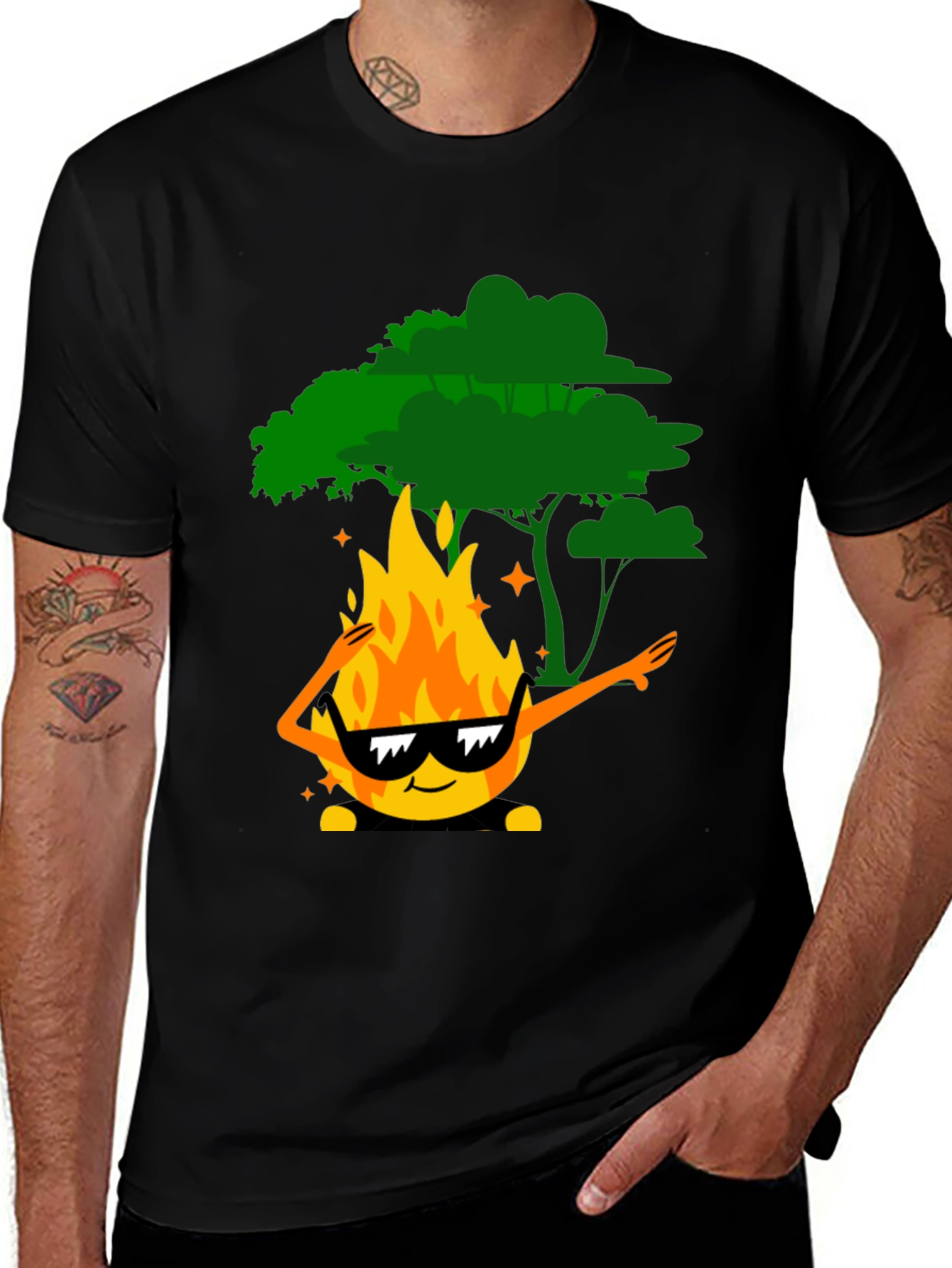 Dabbing Fire & Tree Graphic T-Shirt - Black