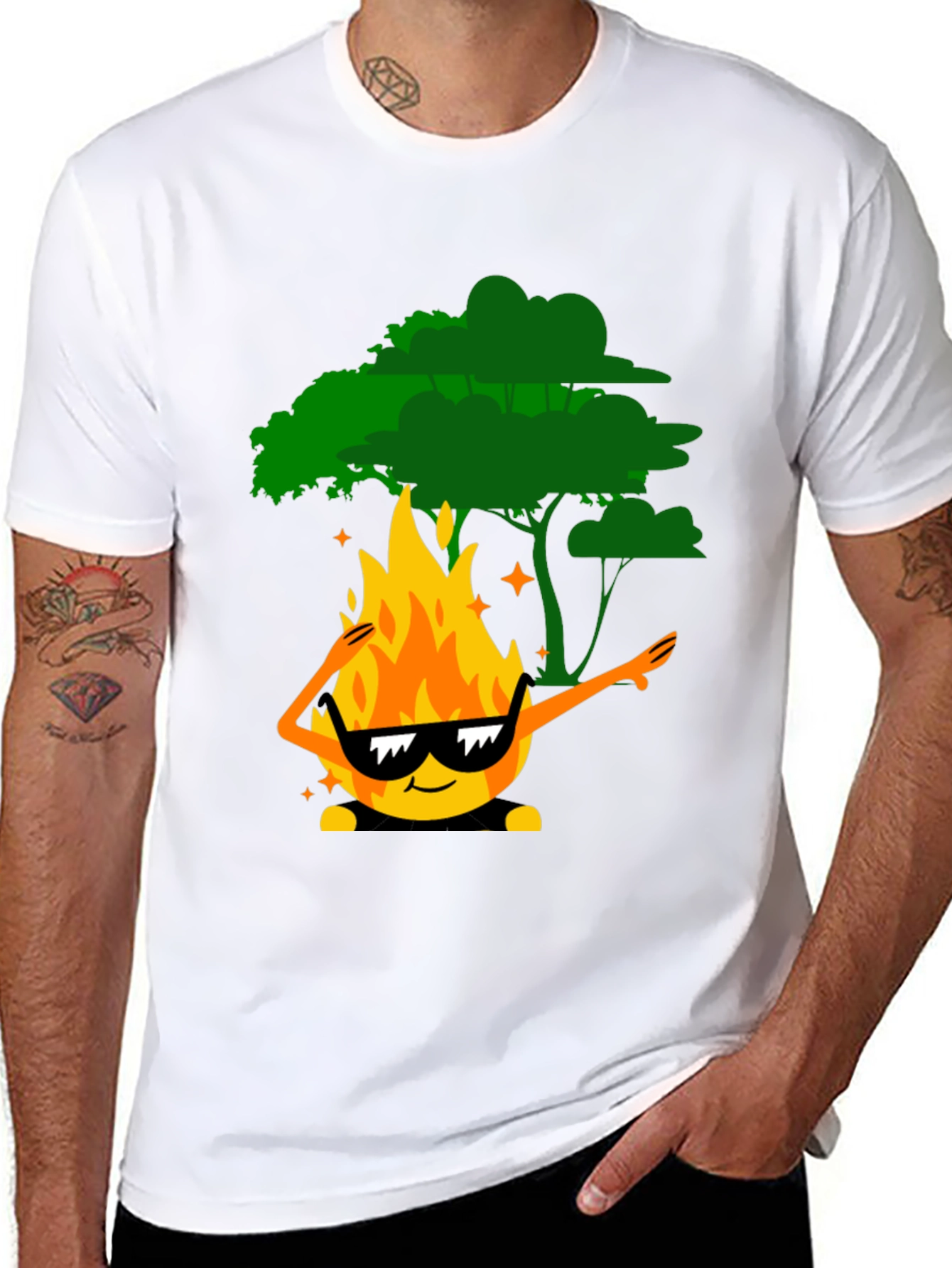 Dabbing Fire & Tree Graphic T-Shirt - Black