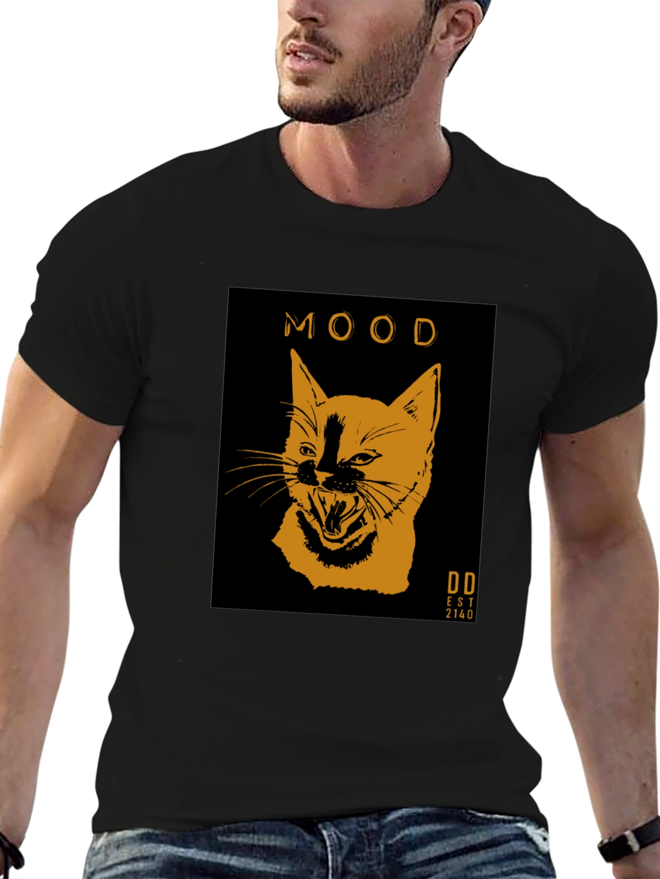 Mood Cat Graphic Tee - Trendy Black Cotton T-Shirt