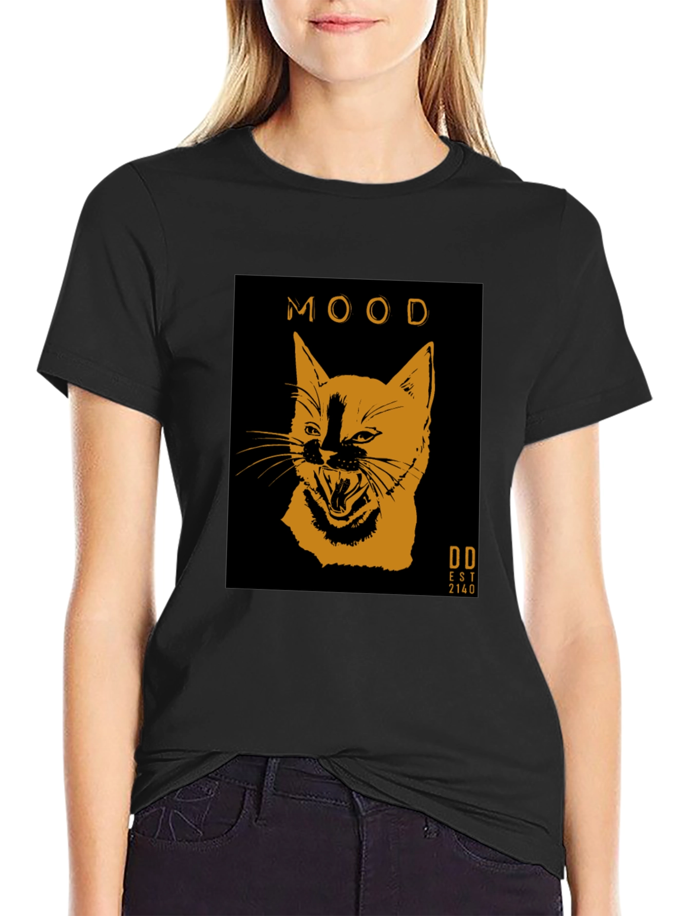 Mood Cat Graphic Tee - Trendy Black Cotton T-Shirt