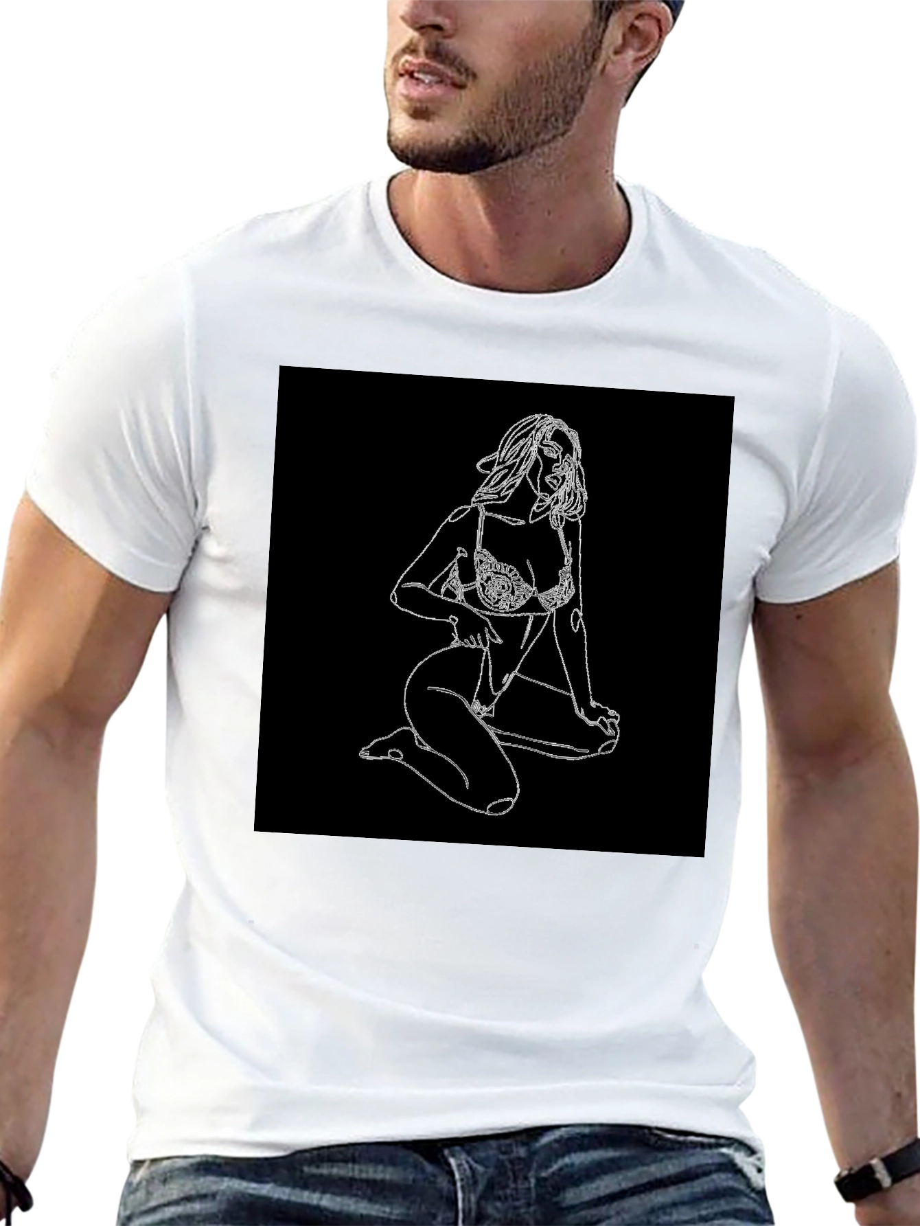 Black T-Shirt with Woman Sketch Graphic