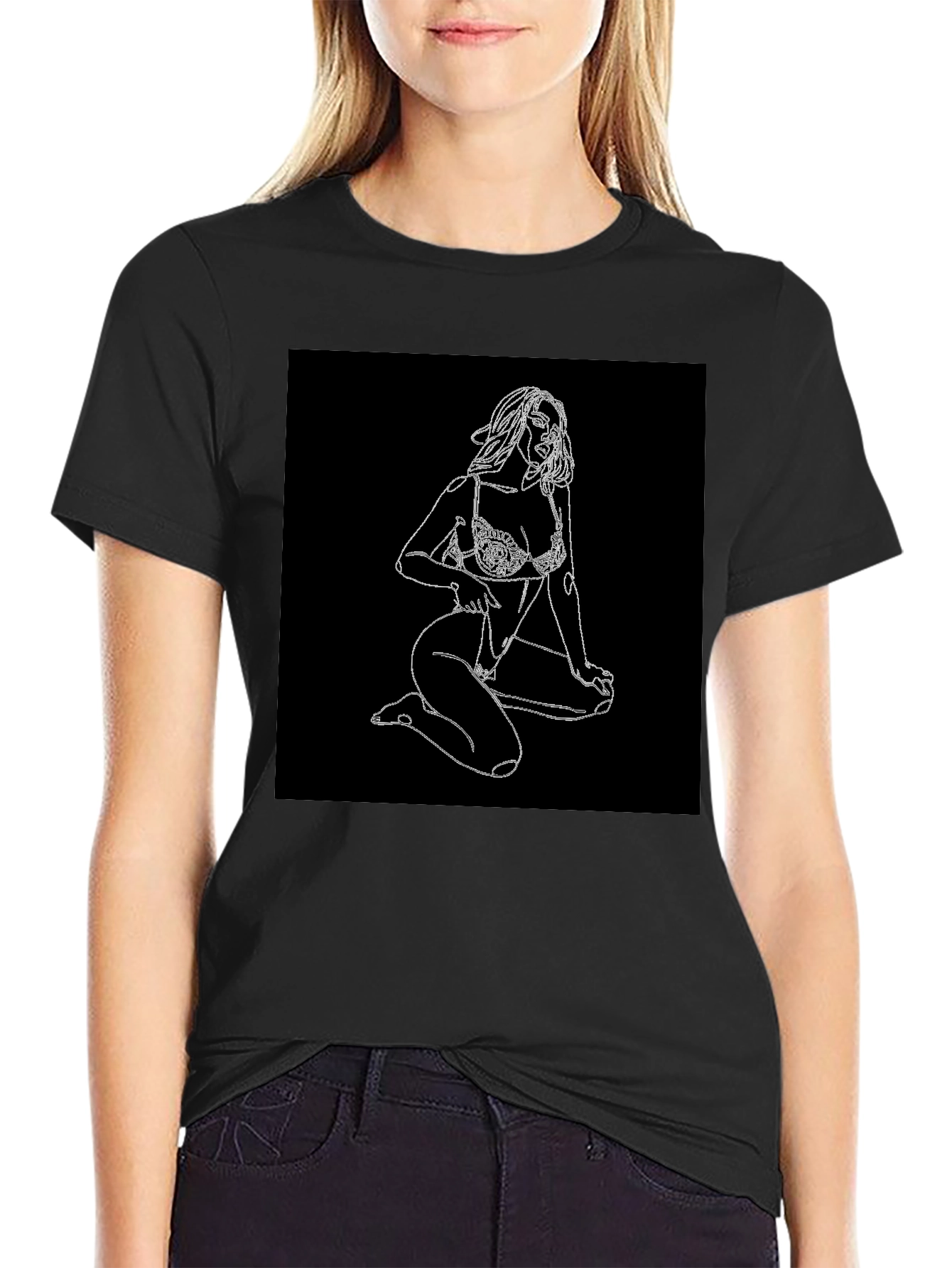 Black T-Shirt with Woman Sketch Graphic