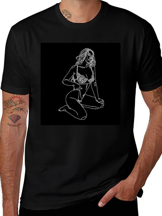 Black T-Shirt with Woman Sketch Graphic