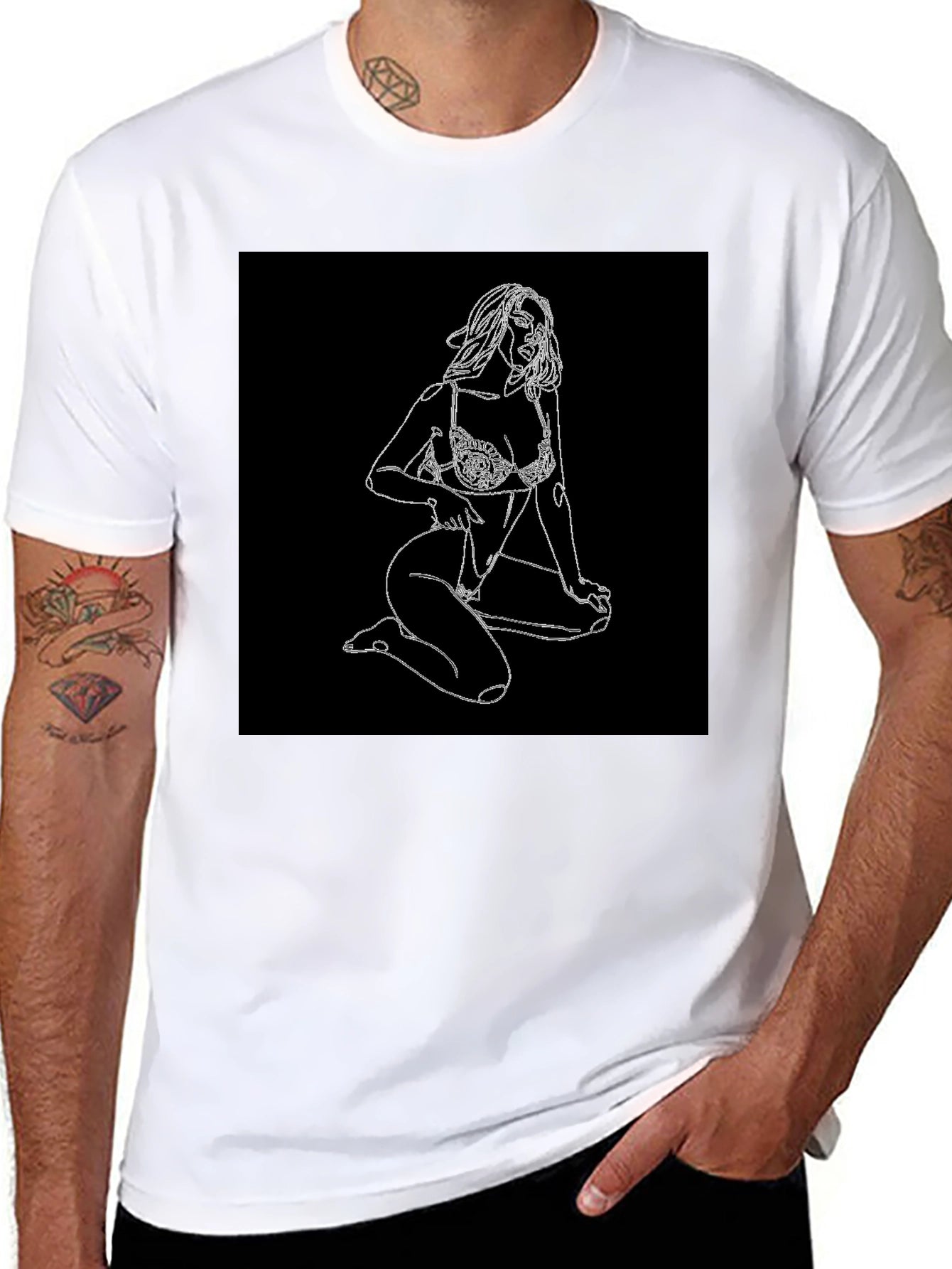 Black T-Shirt with Woman Sketch Graphic