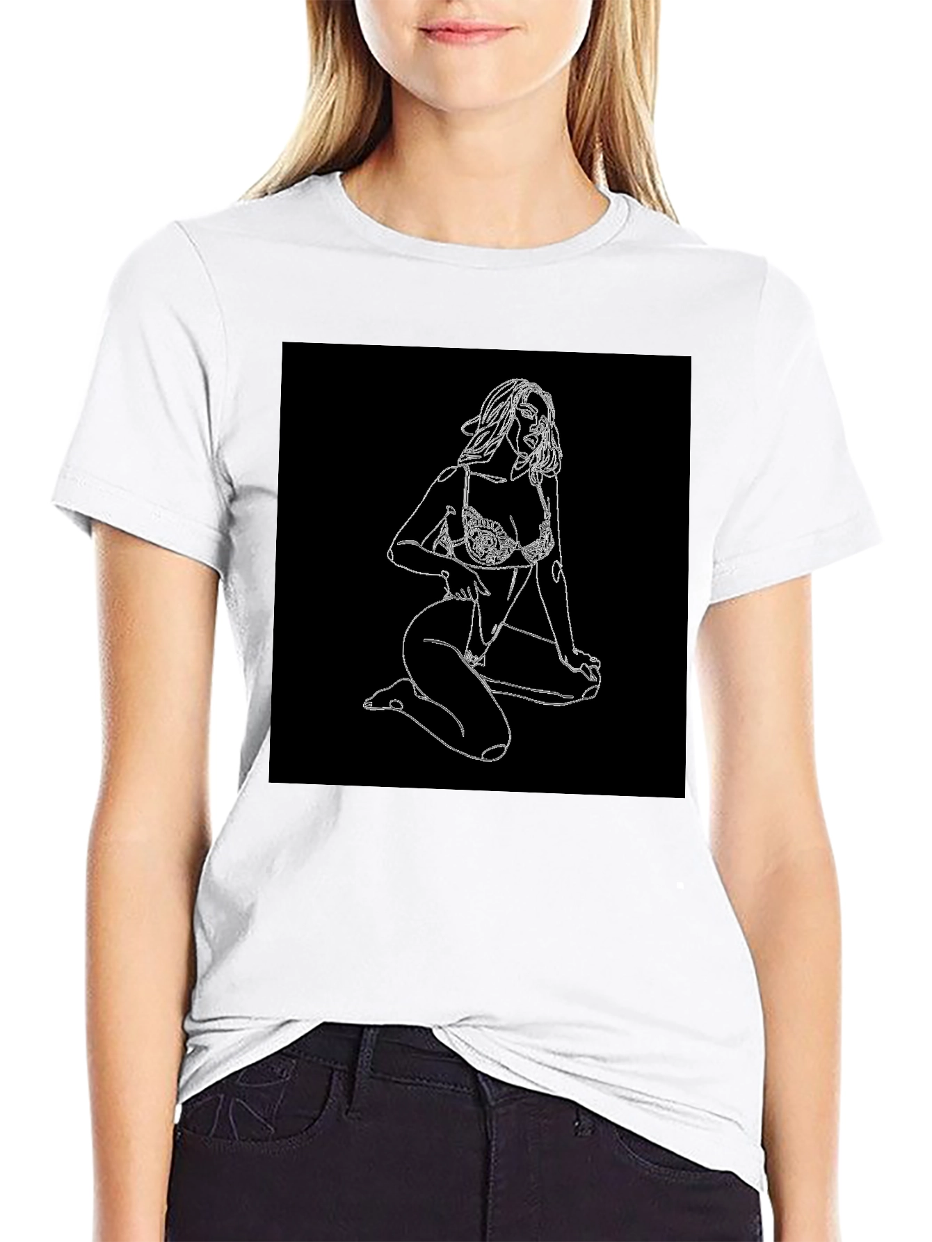 Black T-Shirt with Woman Sketch Graphic