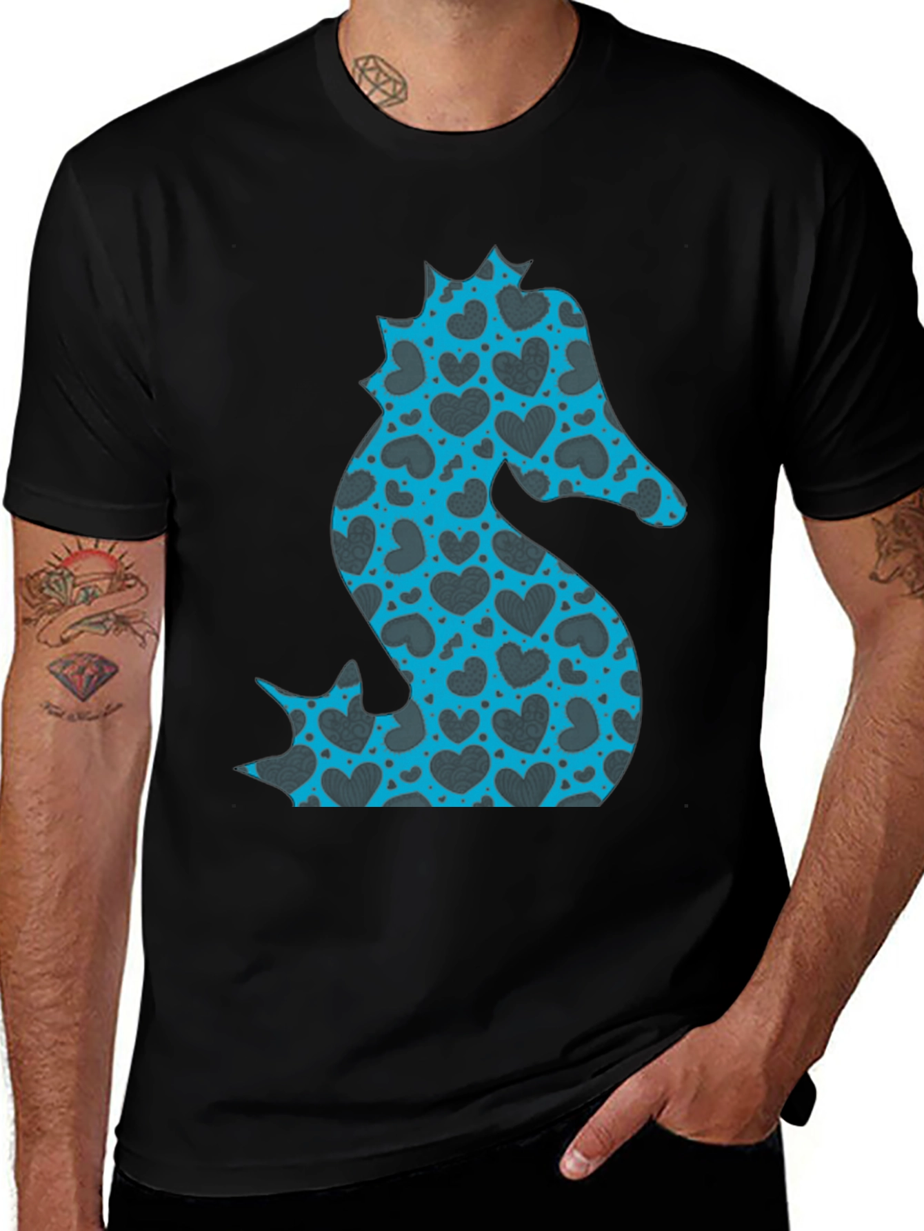 Heart Seahorse Graphic Tee - Black Casual Shirt