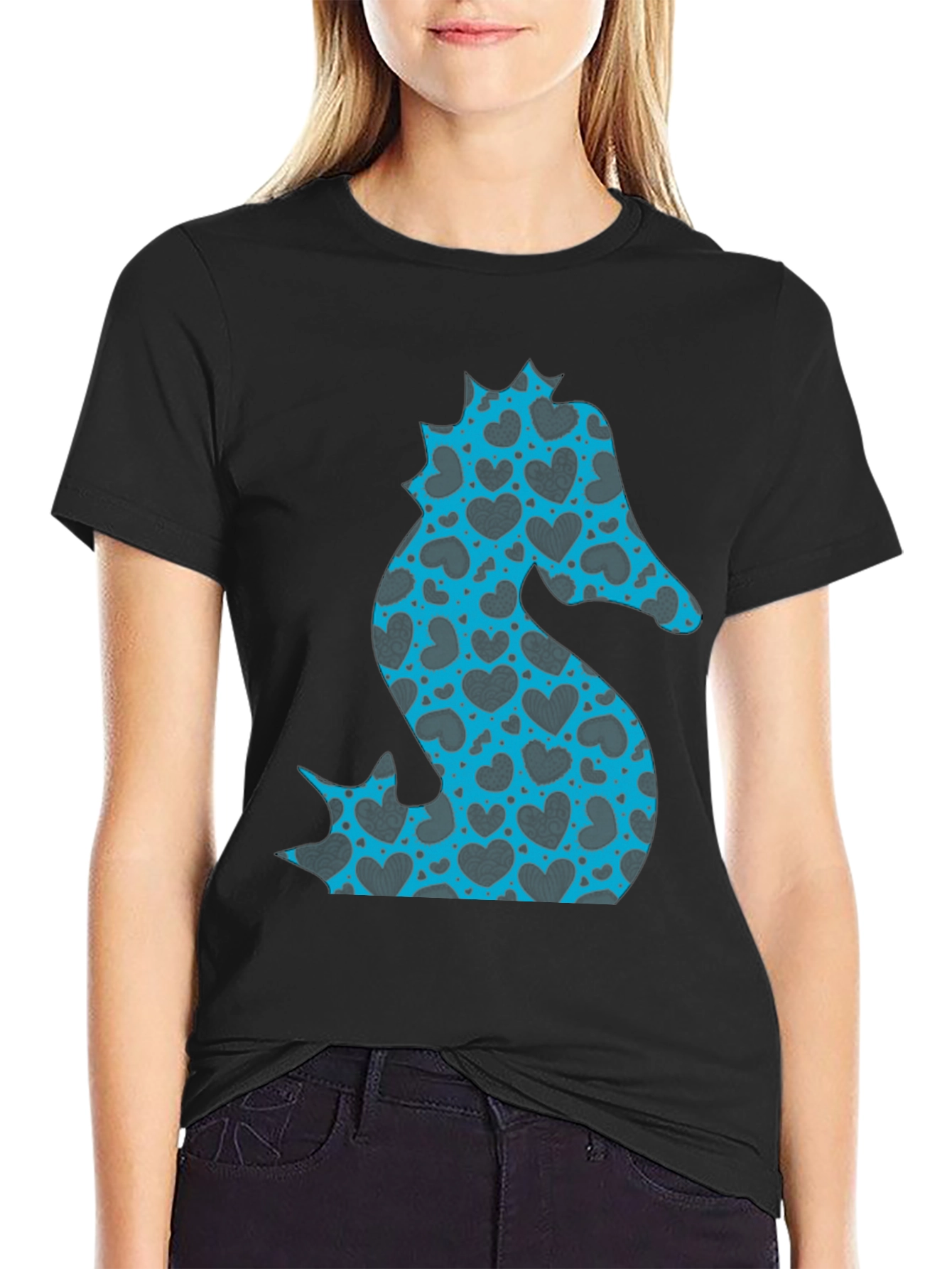 Heart Seahorse Graphic Tee - Black Casual Shirt