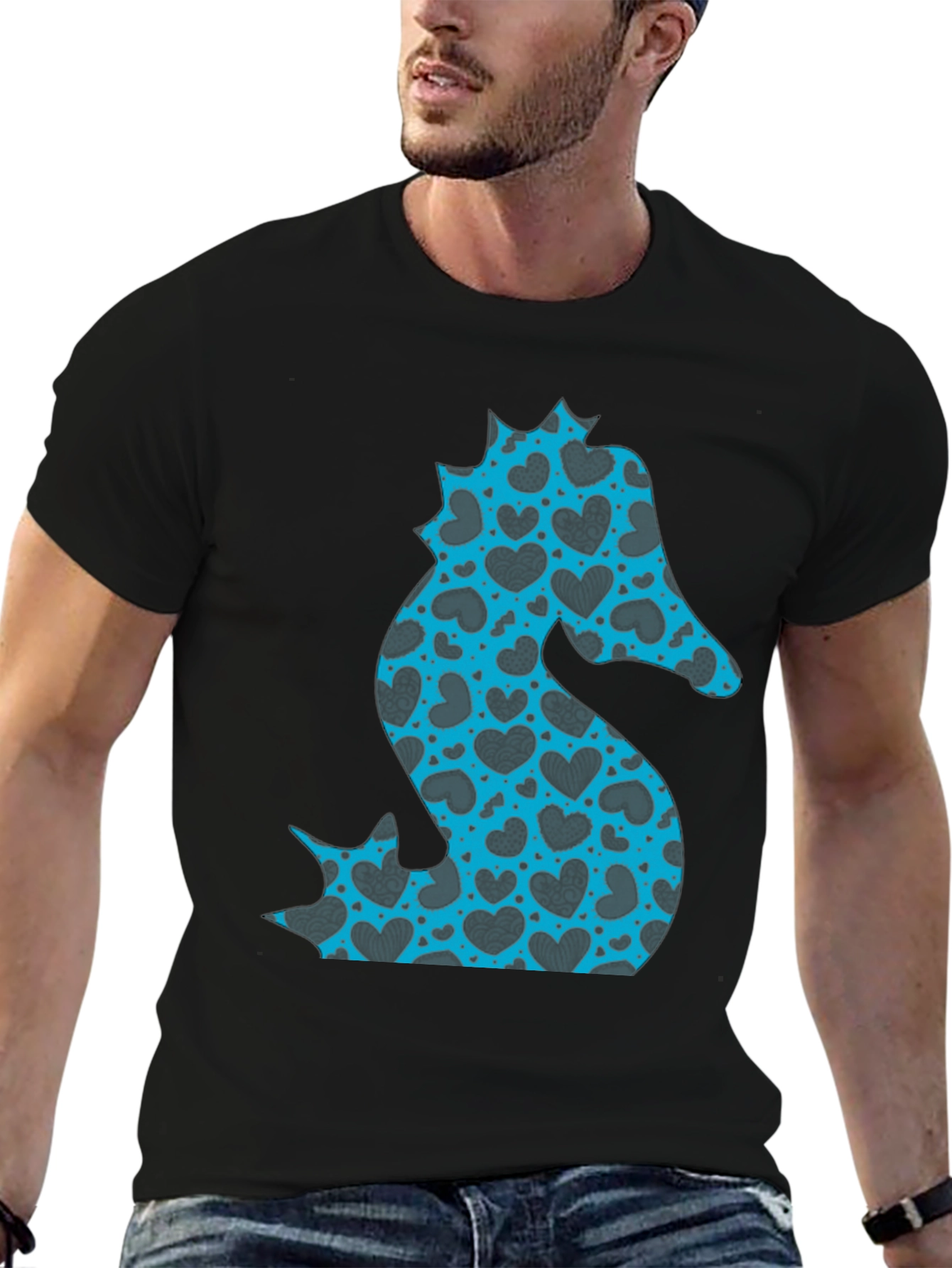 Heart Seahorse Graphic Tee - Black Casual Shirt
