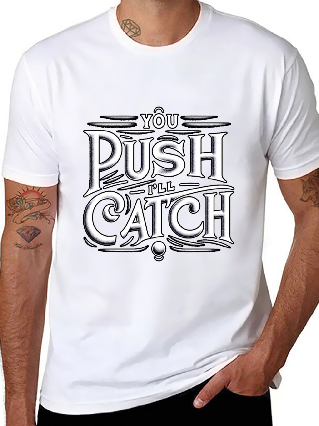 Push Catch Graphic Tee - Trendy Black T-Shirt
