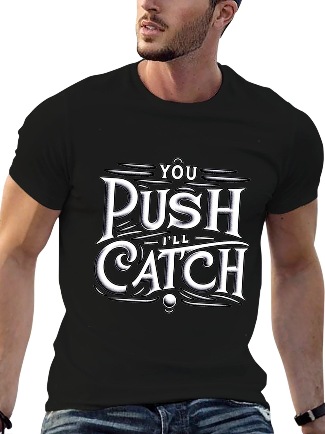 Push Catch Graphic Tee - Trendy Black T-Shirt