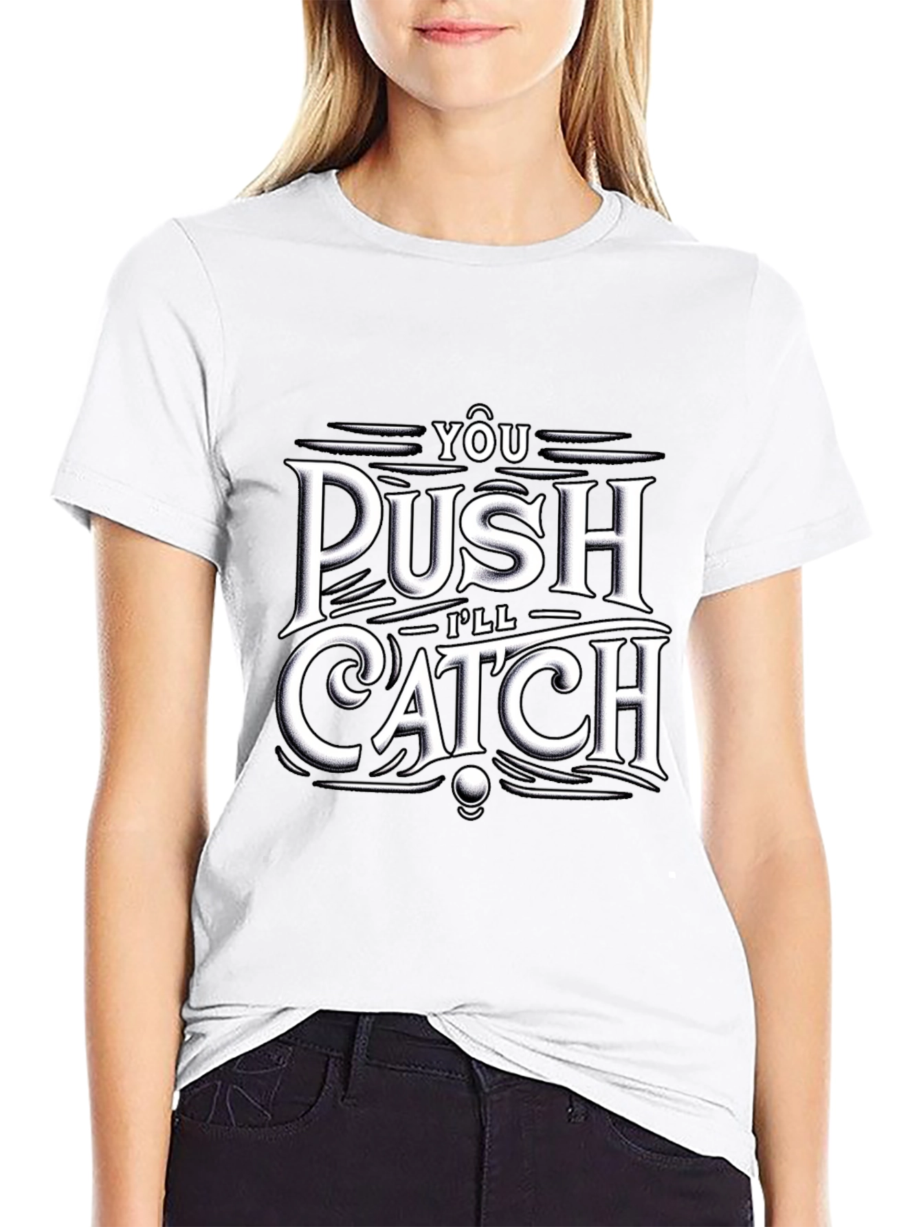 Push Catch Graphic Tee - Trendy Black T-Shirt