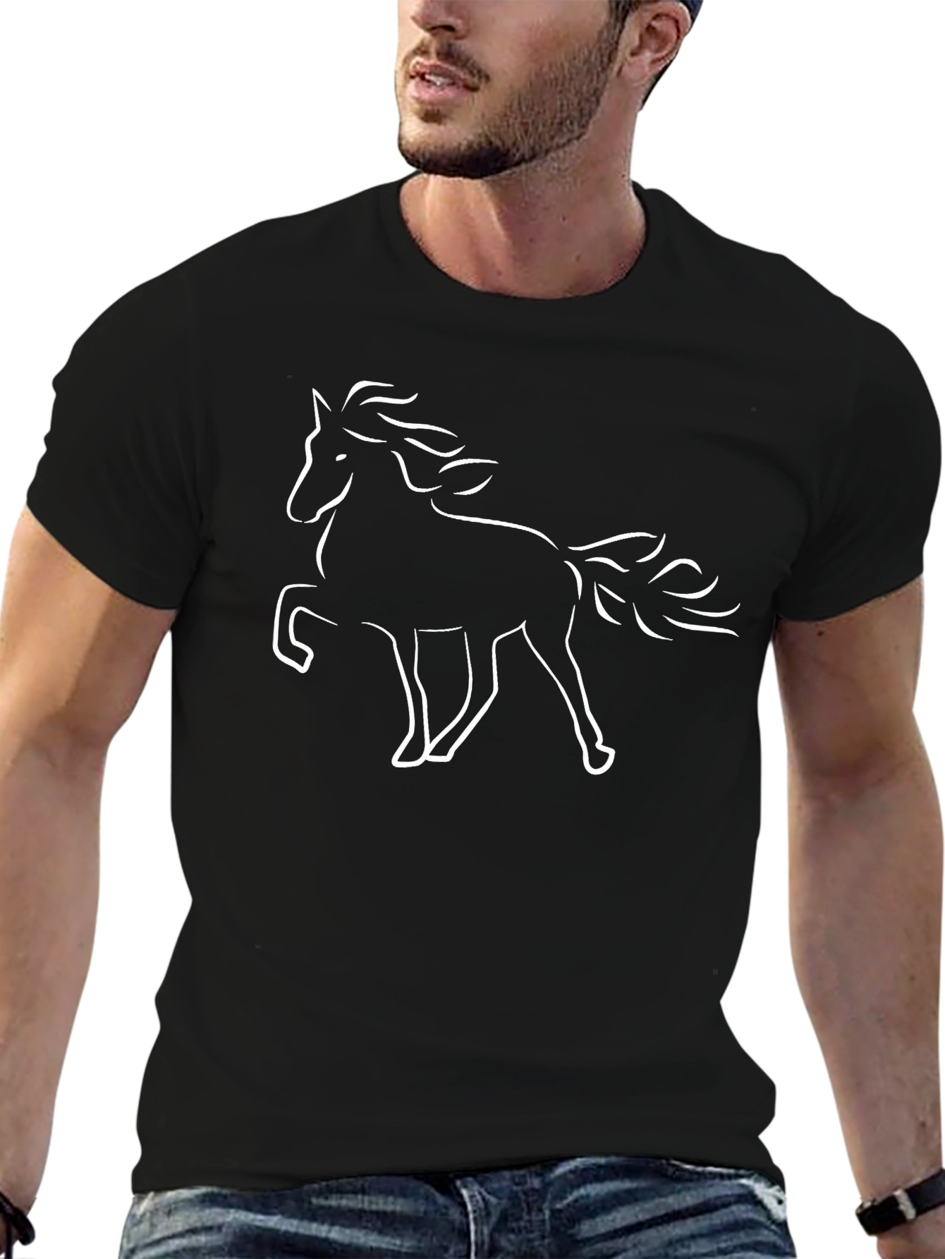 Black T-Shirt with White Horse Design
