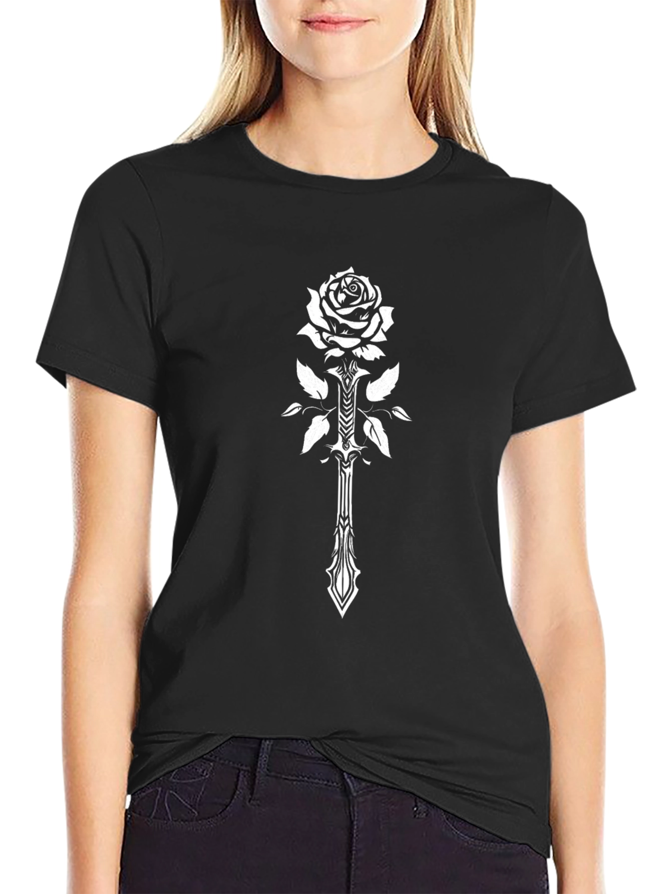 Rose and Sword Graphic Black T-Shirt