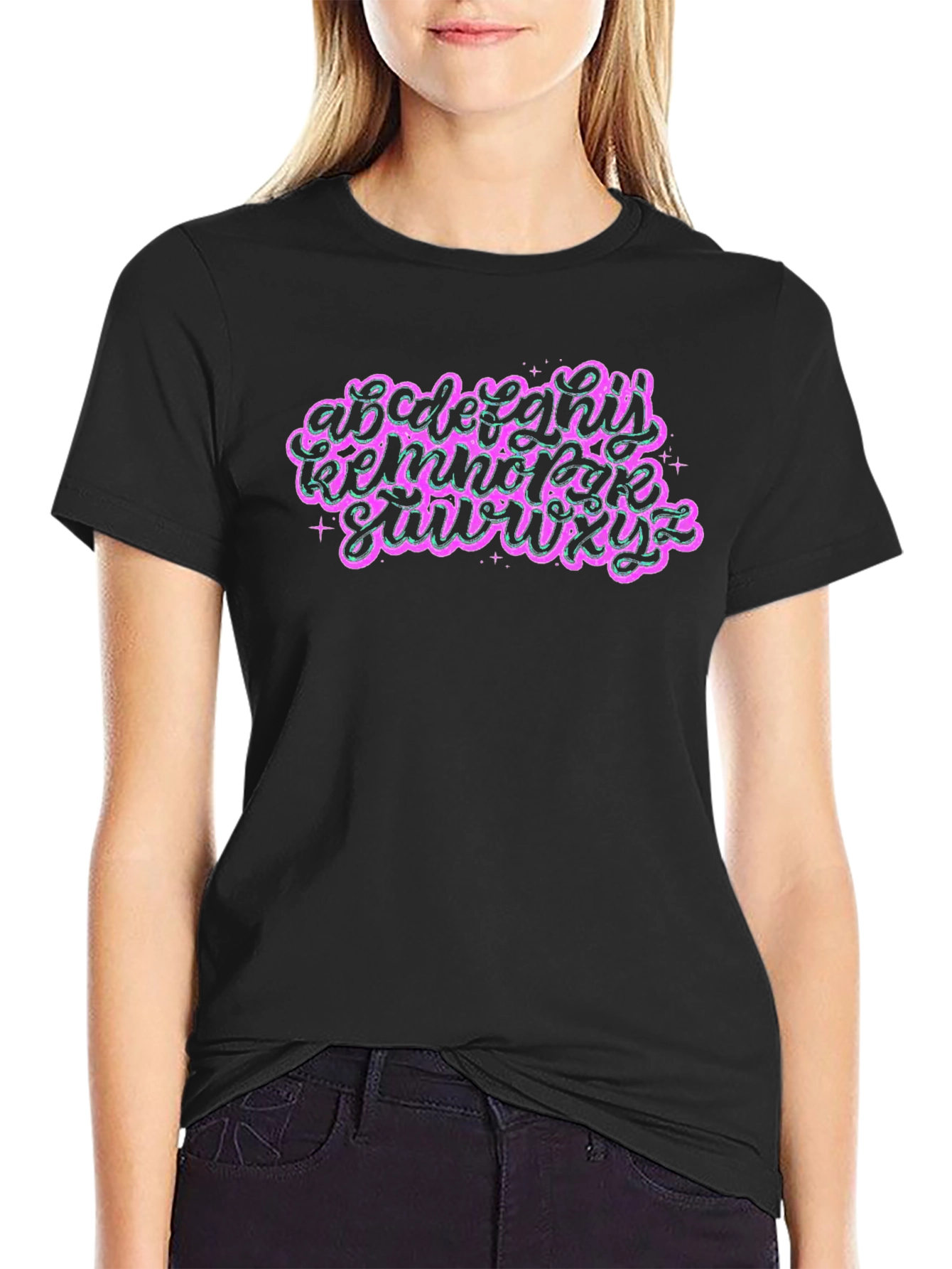 Alphabet Graphic T-Shirt Black Crew Neck Tee