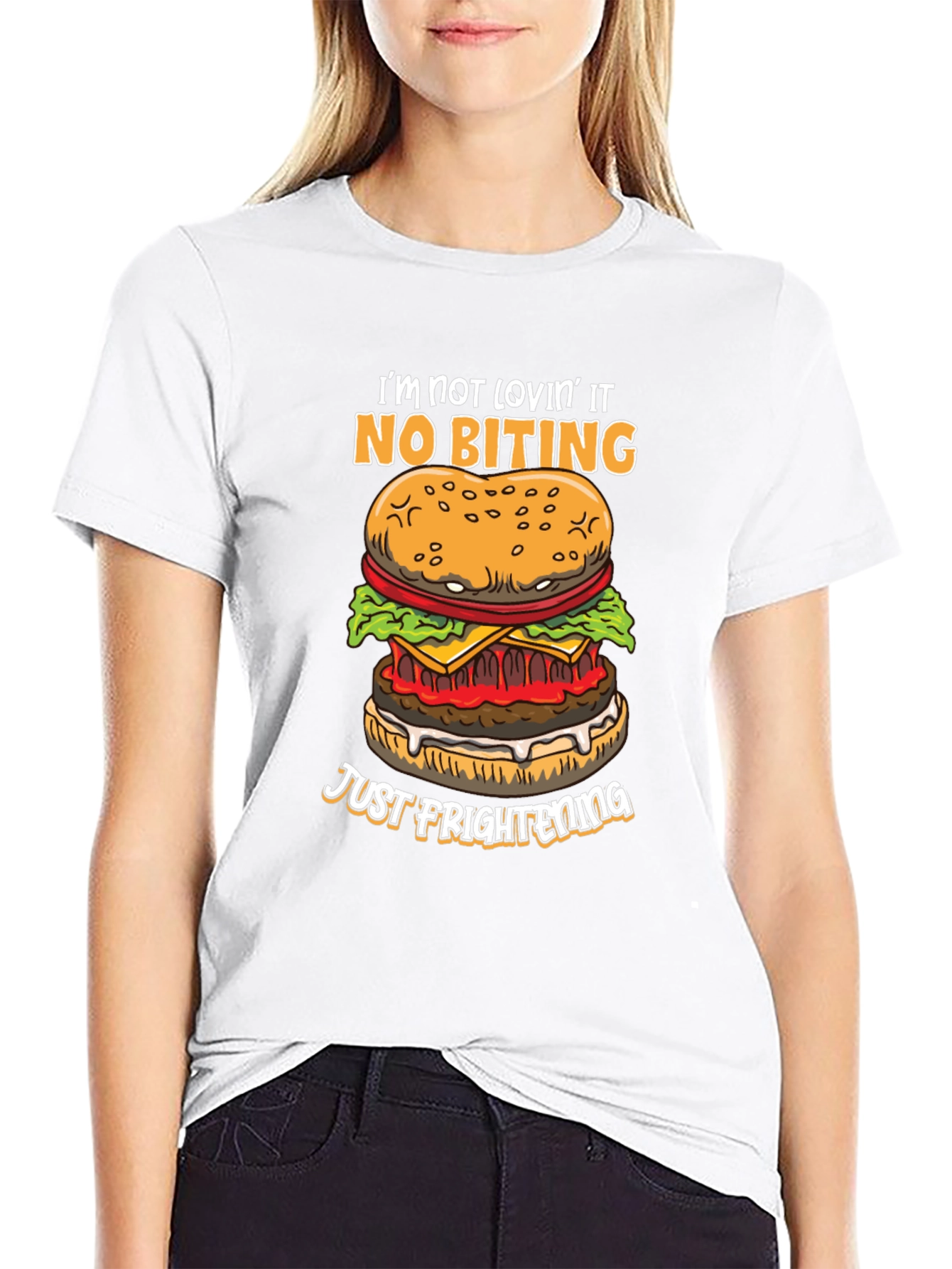 Funny Burger Graphic T-Shirt - No Biting Just Frightening!