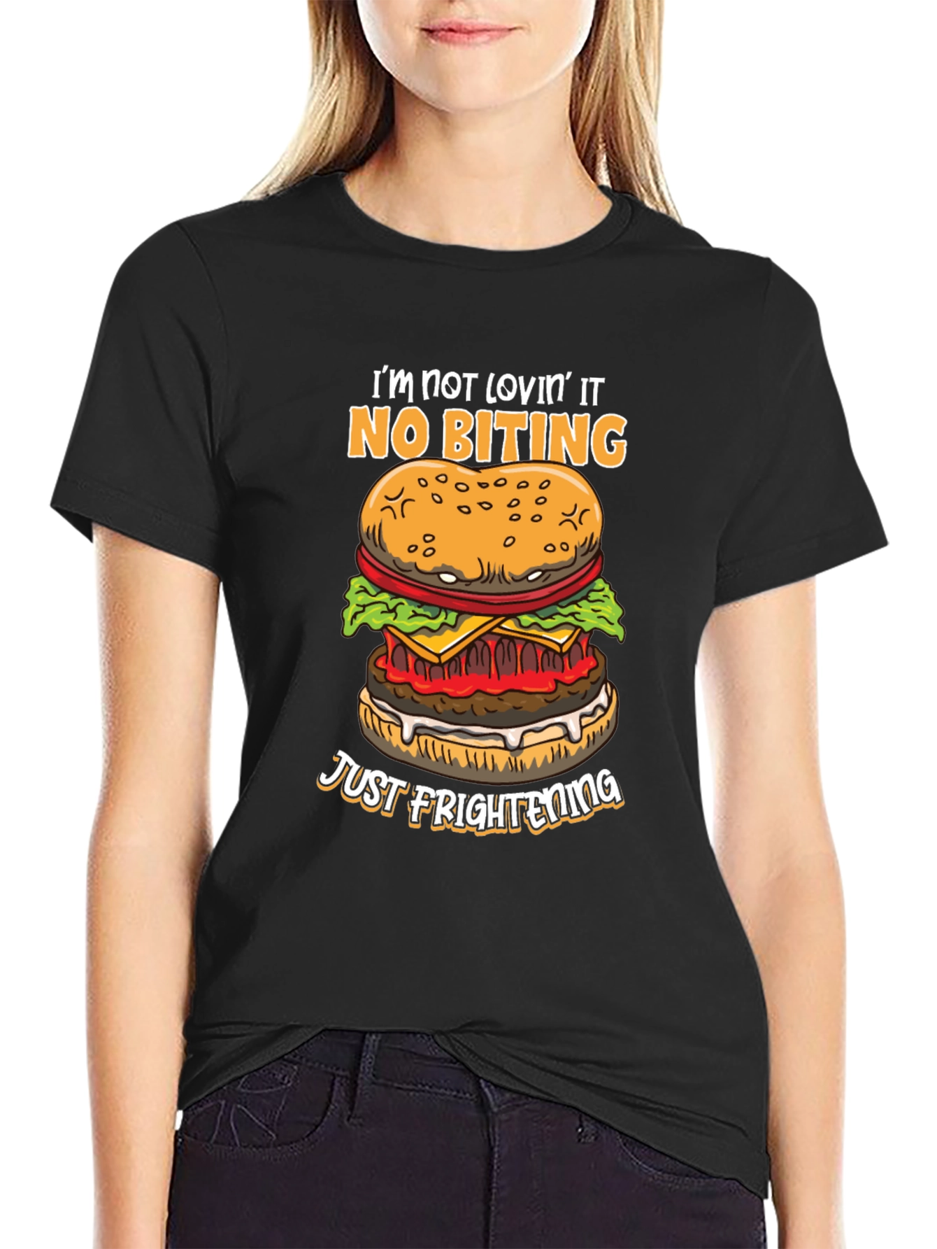 Funny Burger Graphic T-Shirt - No Biting Just Frightening!