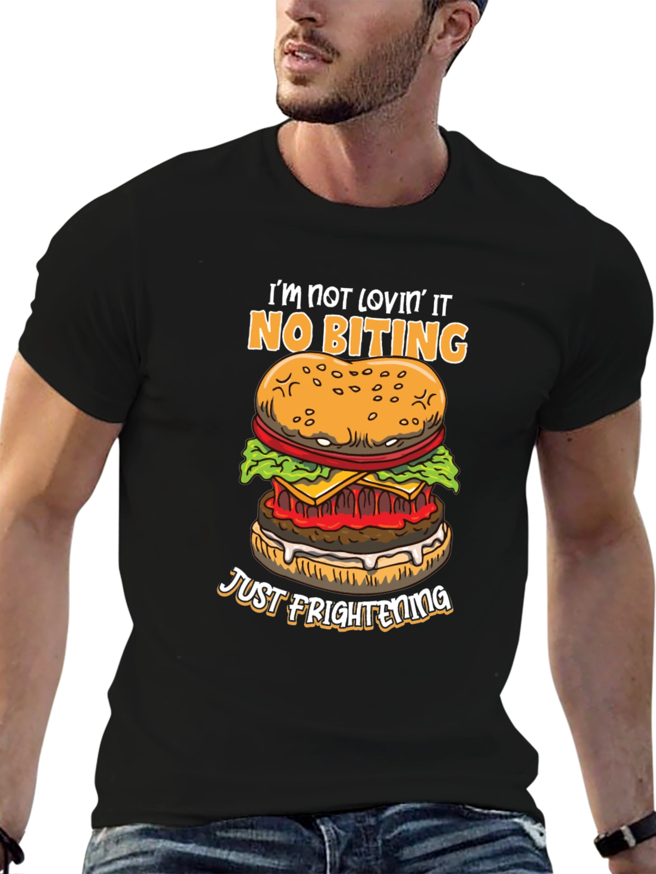 Funny Burger Graphic T-Shirt - No Biting Just Frightening!
