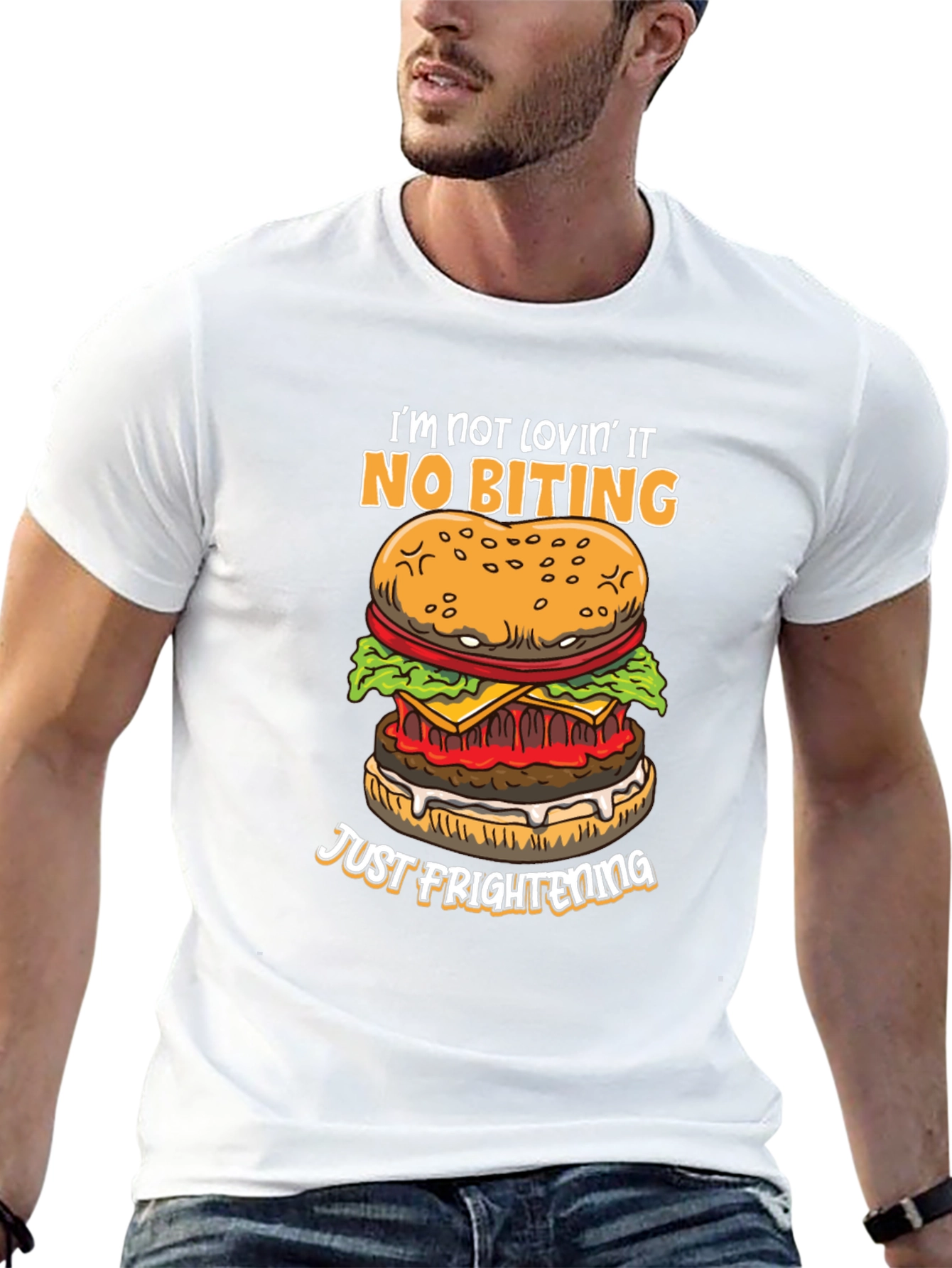 Funny Burger Graphic T-Shirt - No Biting Just Frightening!