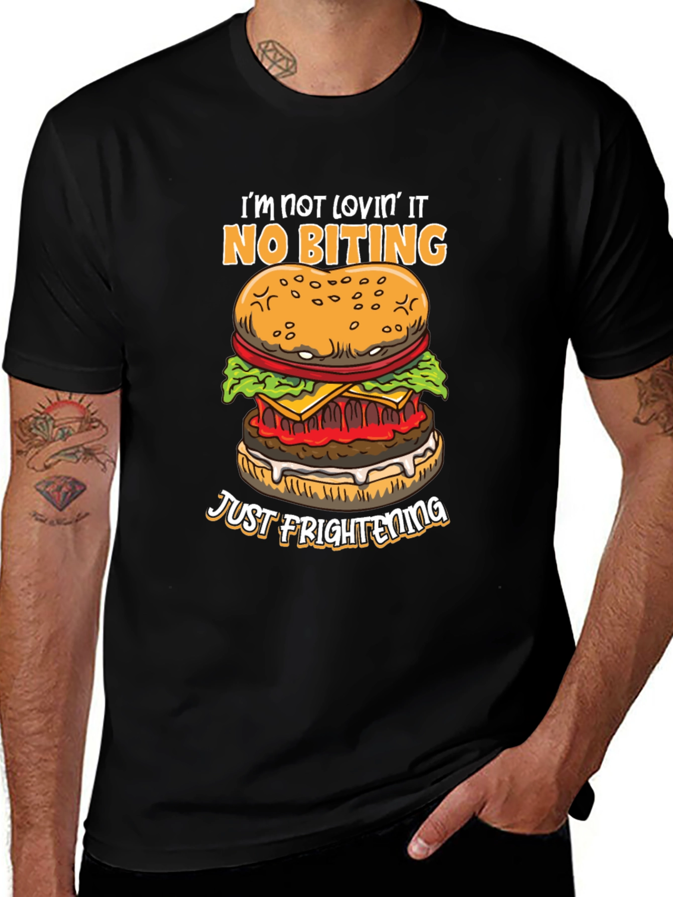 Funny Burger Graphic T-Shirt - No Biting Just Frightening!