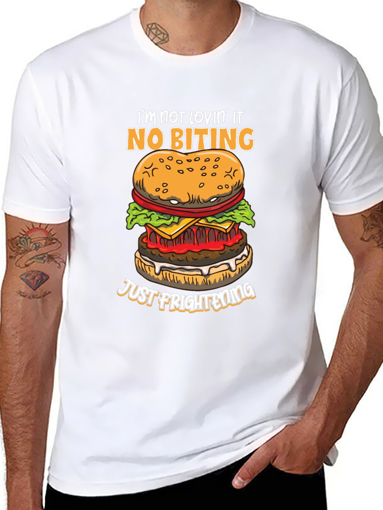 Funny Burger Graphic T-Shirt - No Biting Just Frightening!