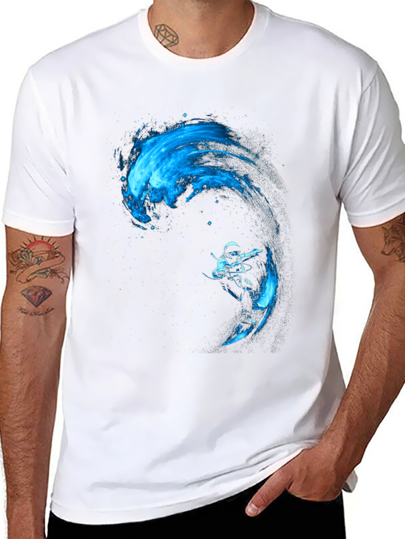 Black T-Shirt with Blue Water Rider Graphic