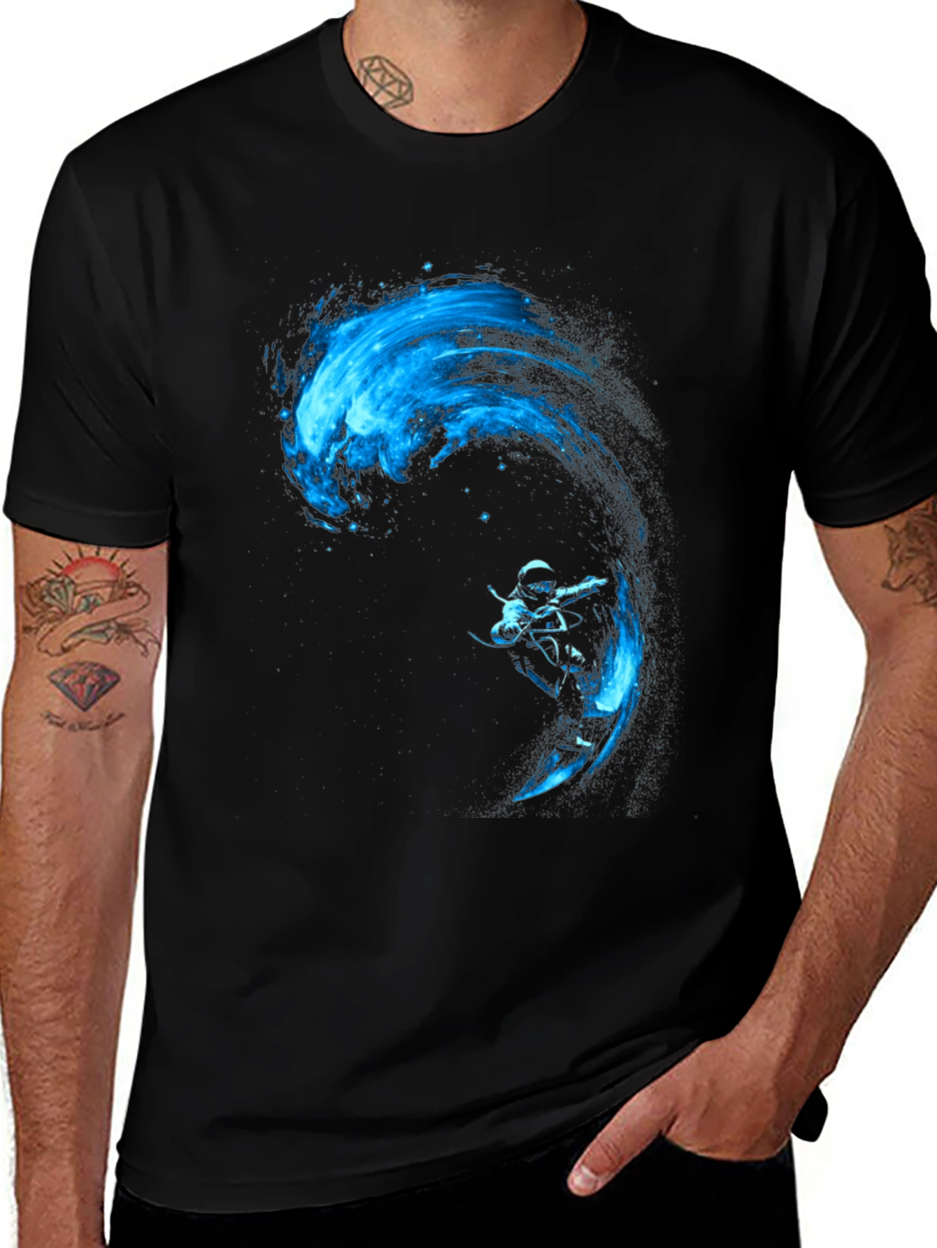 Black T-Shirt with Blue Water Rider Graphic
