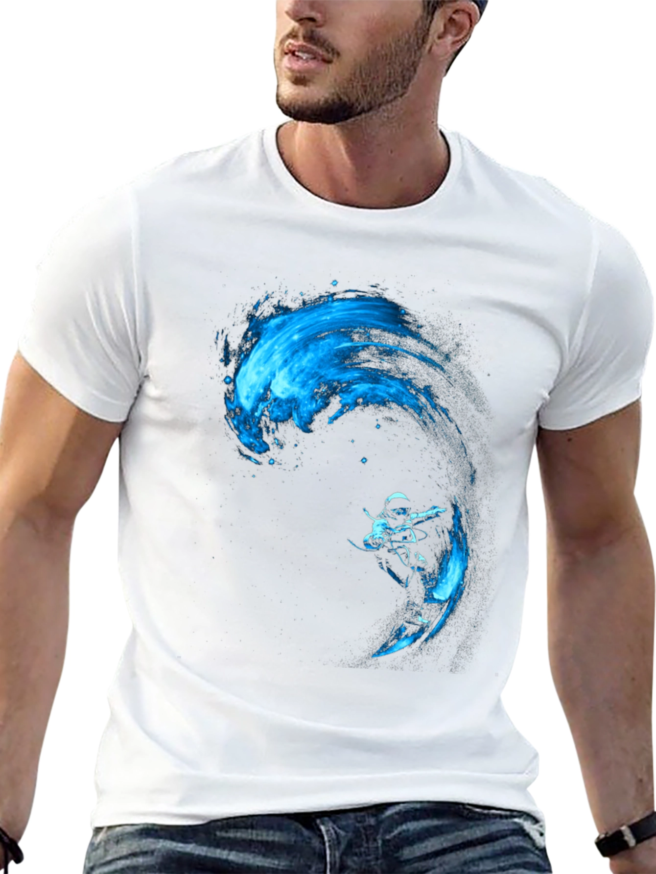 Black T-Shirt with Blue Water Rider Graphic