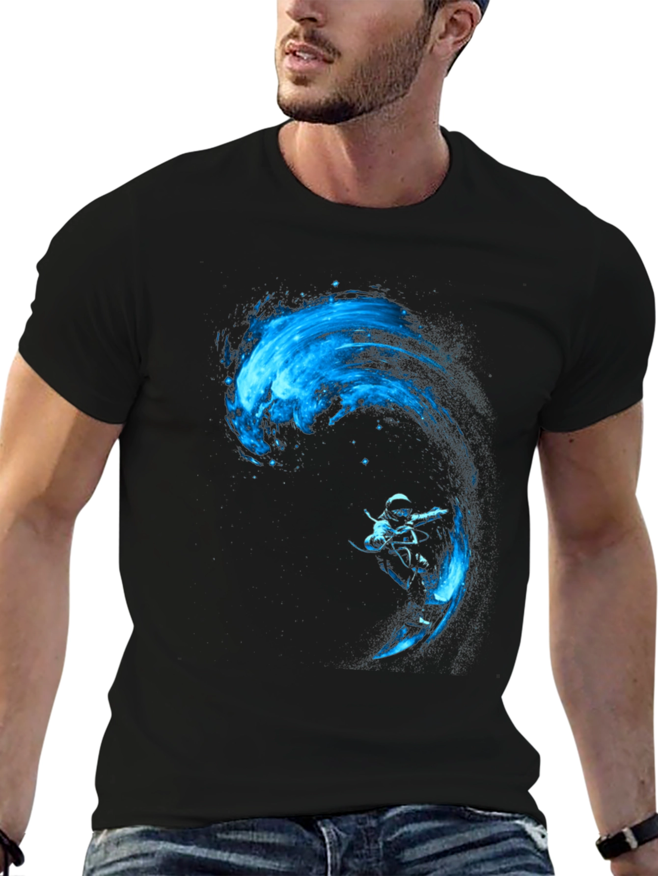 Black T-Shirt with Blue Water Rider Graphic