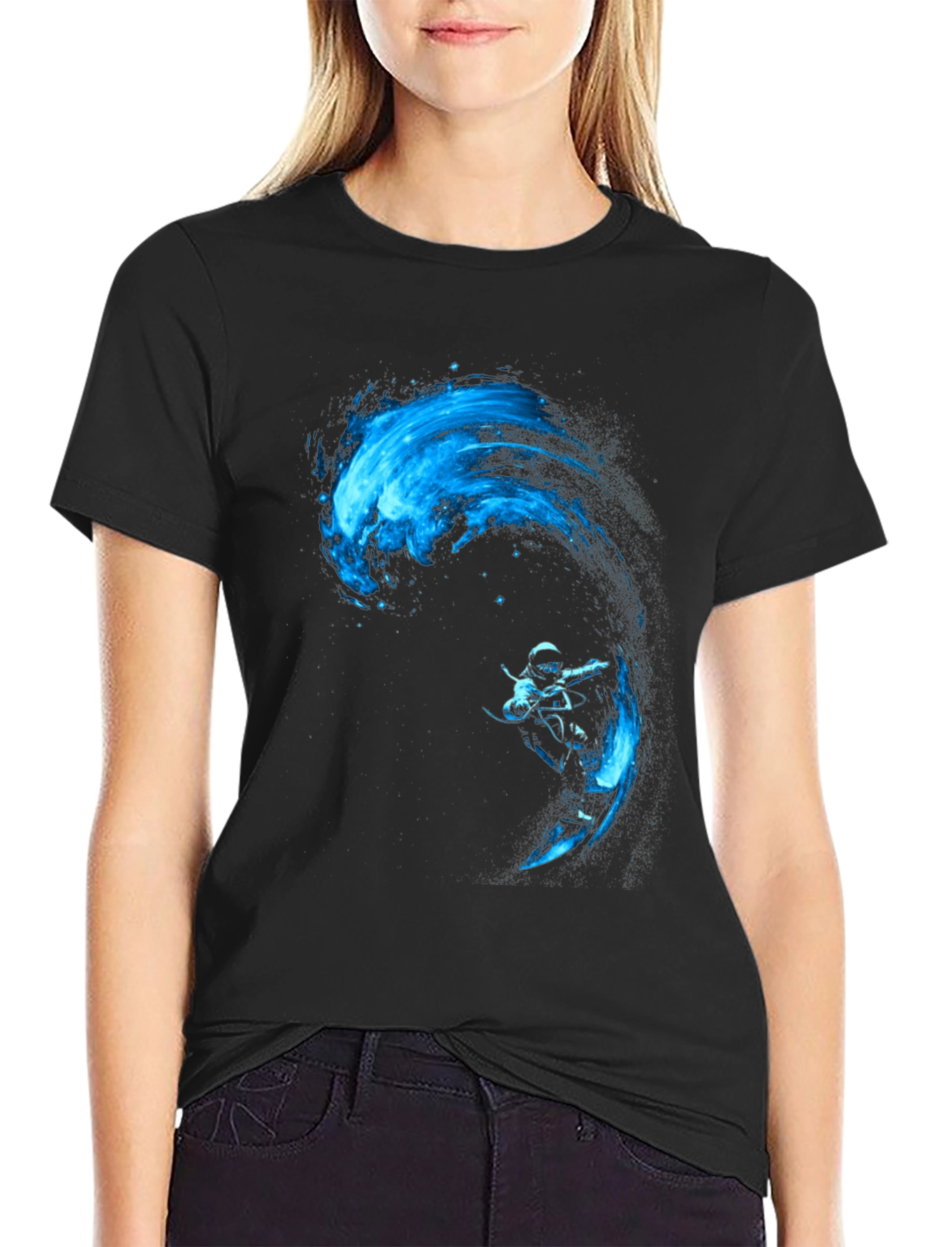 Black T-Shirt with Blue Water Rider Graphic