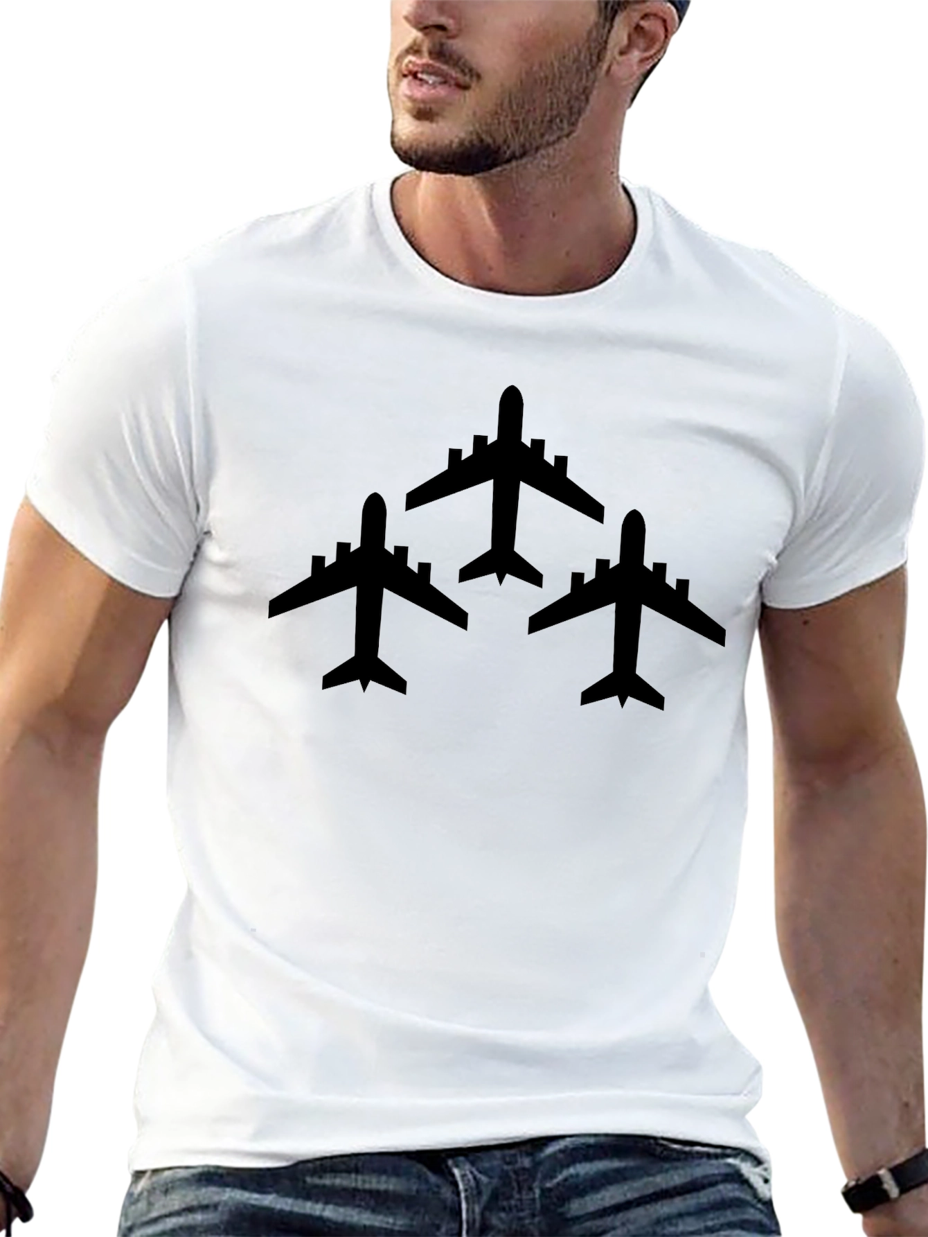 Airplane Silhouette Graphic Tee - Black Crew Neck