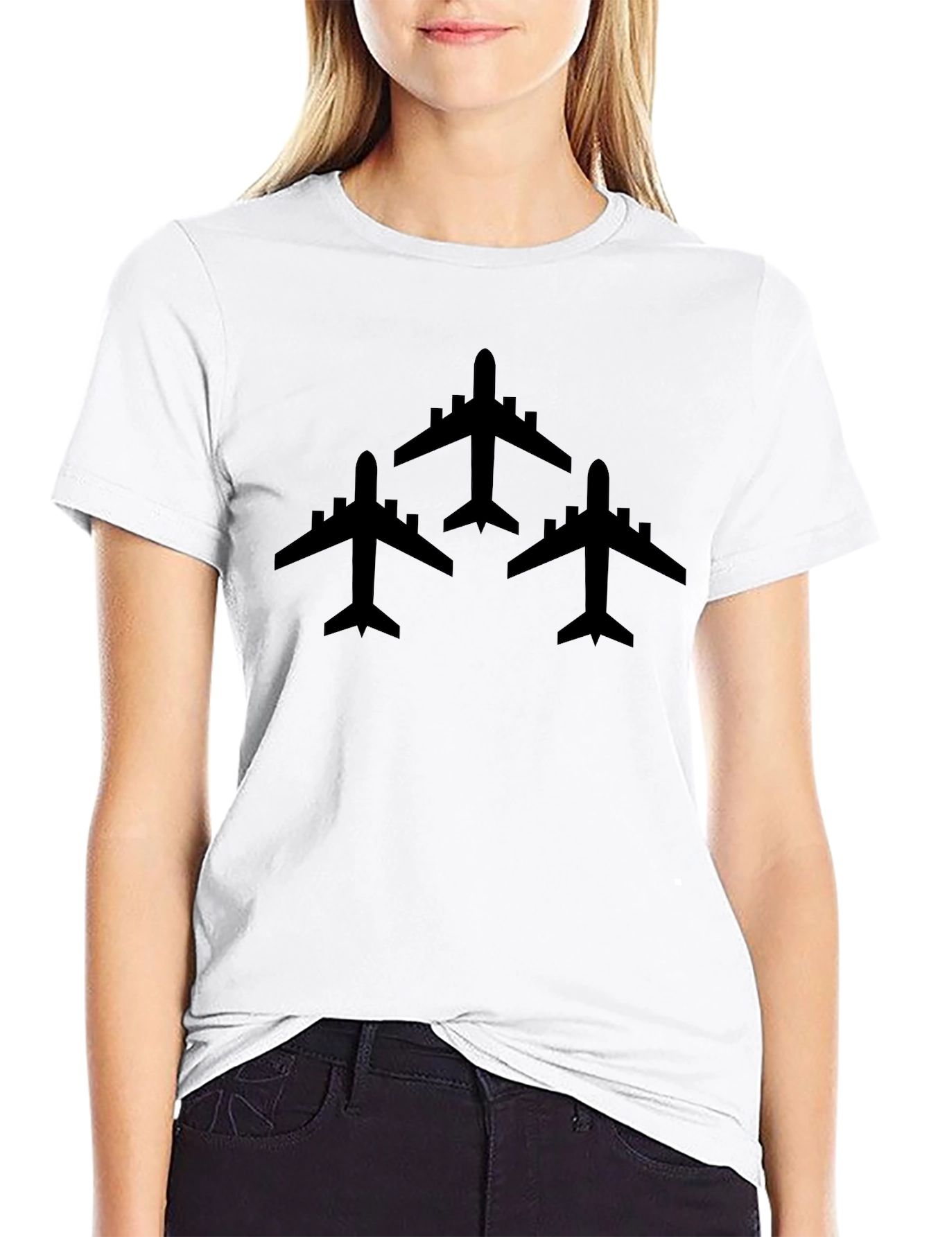 Airplane Silhouette Graphic Tee - Black Crew Neck