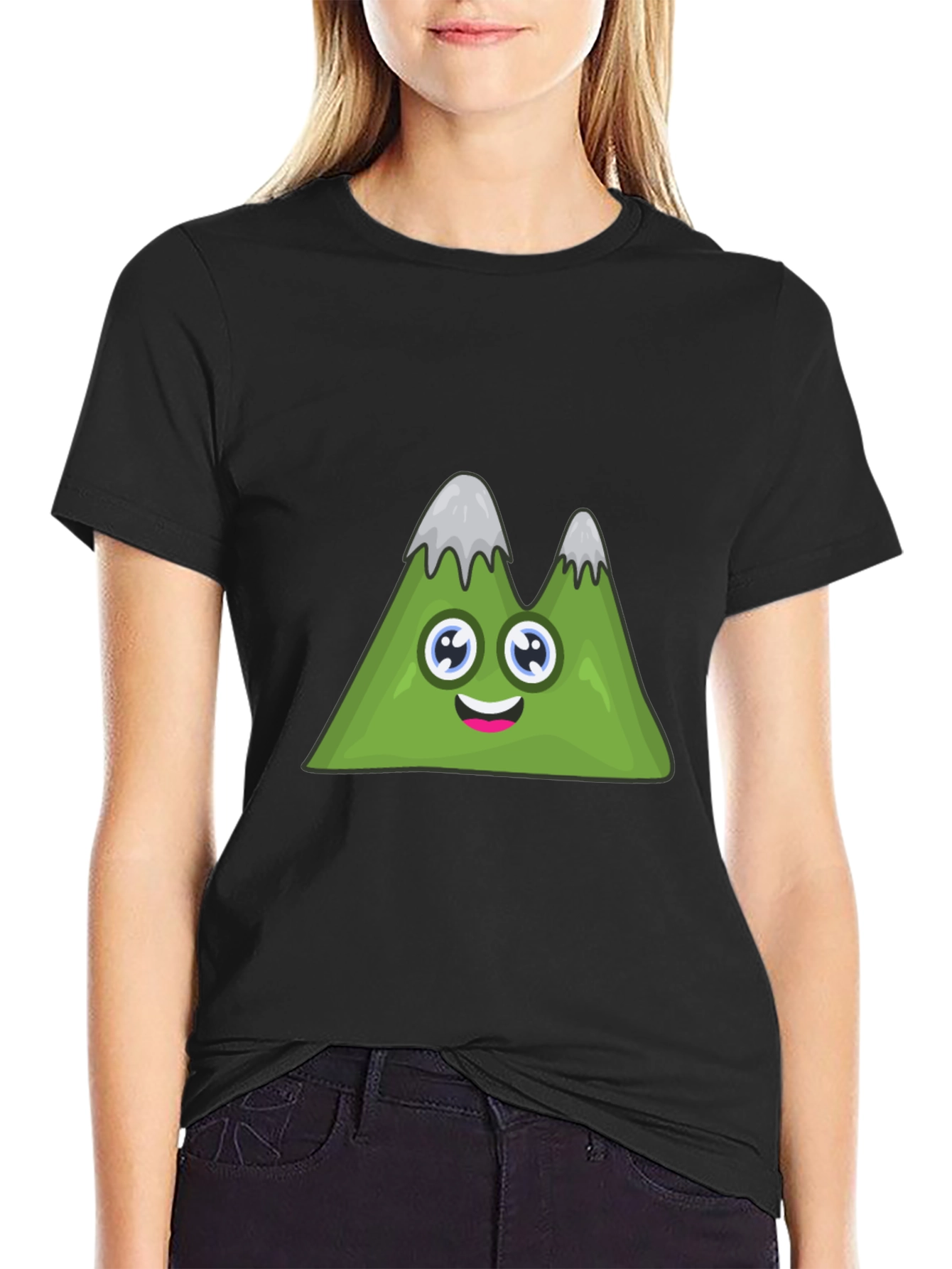 Cute Cartoon Mountain Graphic Black T-Shirt