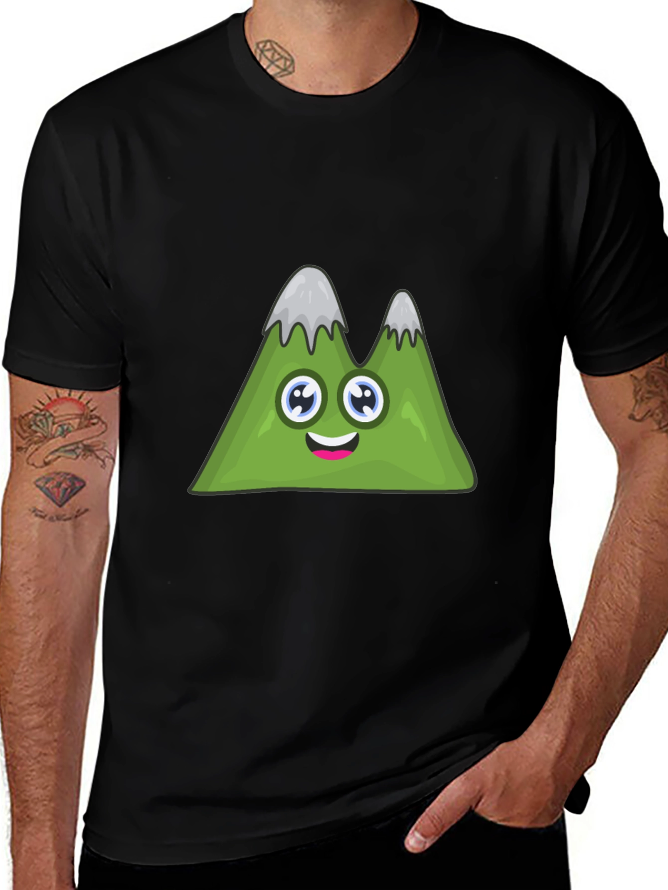 Cute Cartoon Mountain Graphic Black T-Shirt