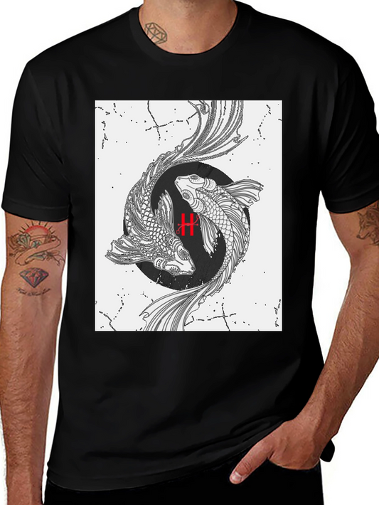 Yin Yang Koi Fish Graphic Tee - Black Cotton Blend