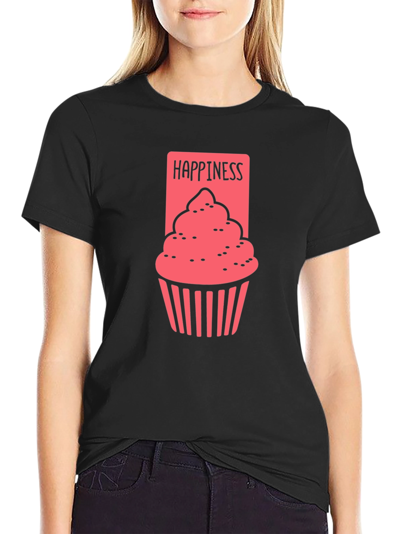 Happiness Cupcake Graphic Tee - Black Cotton T-Shirt
