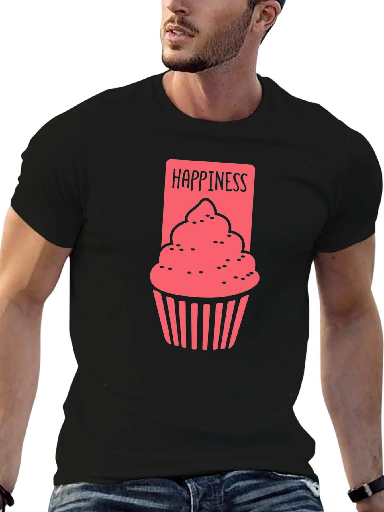 Happiness Cupcake Graphic Tee - Black Cotton T-Shirt