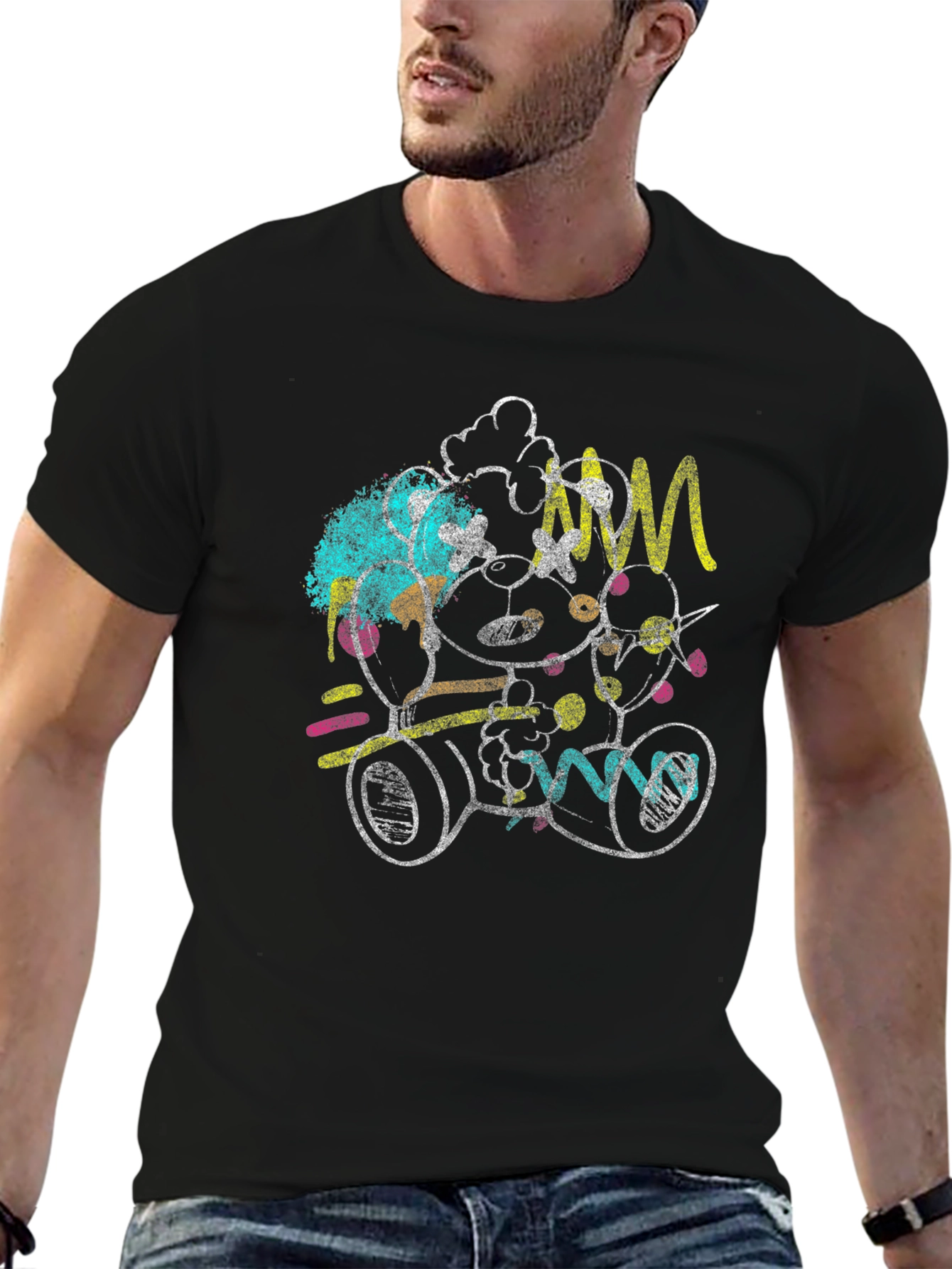 Abstract Teddy Bear Graphic Black T-Shirt