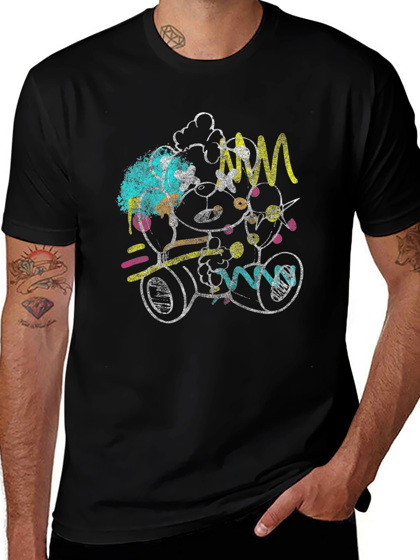 Abstract Teddy Bear Graphic Black T-Shirt