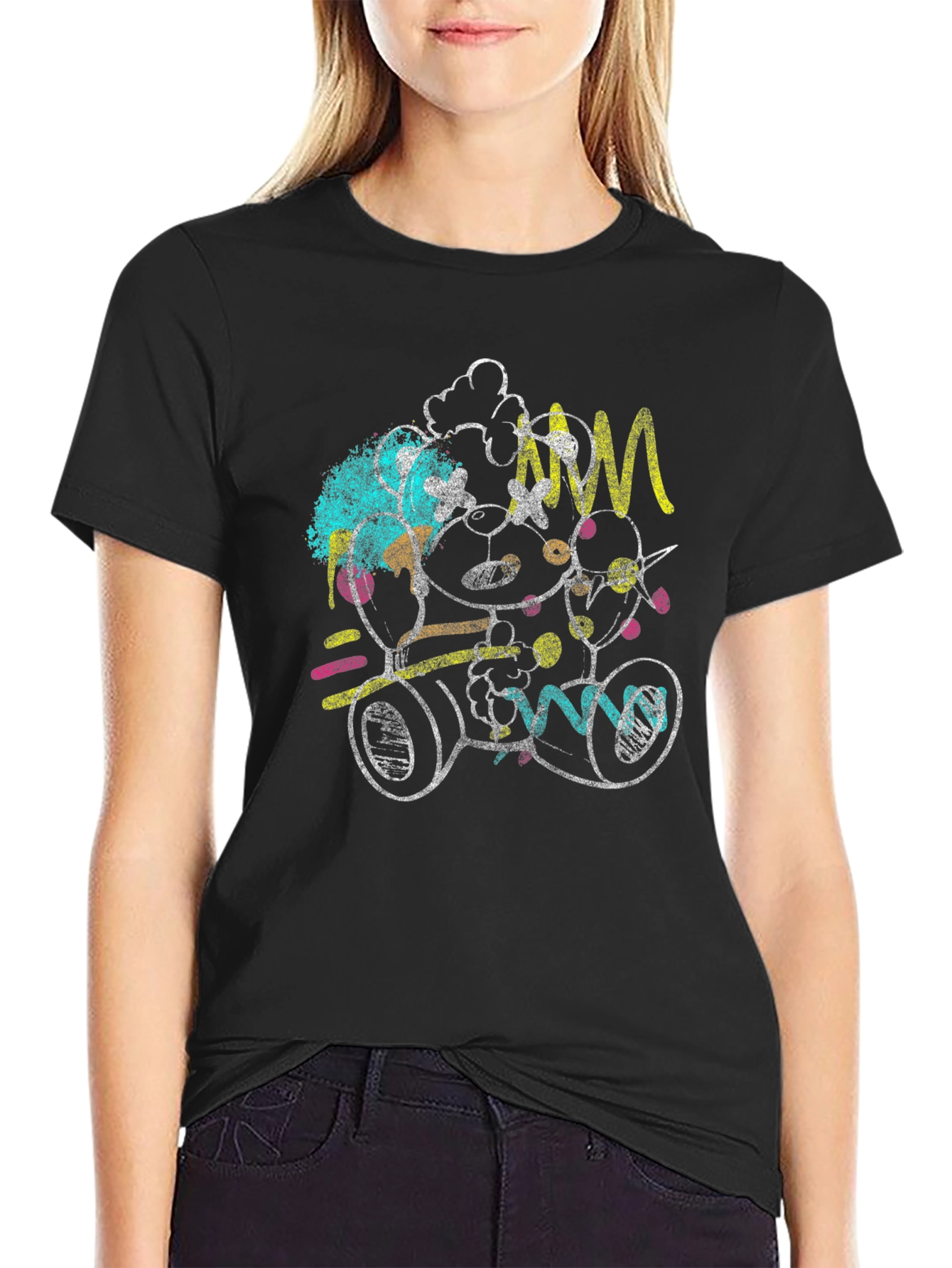 Abstract Teddy Bear Graphic Black T-Shirt