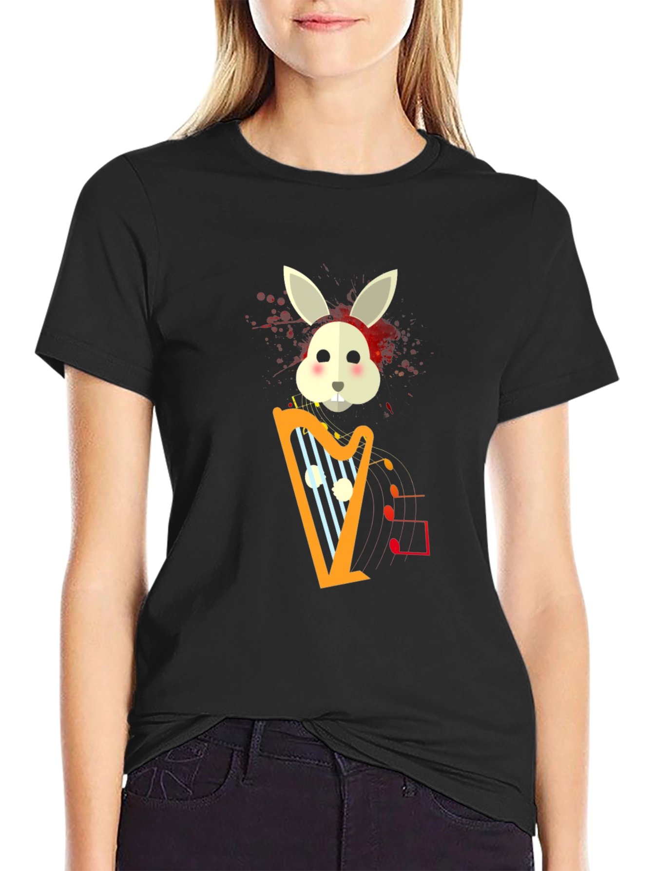 Musical Bunny Graphic Tee - Black Cotton Comfort