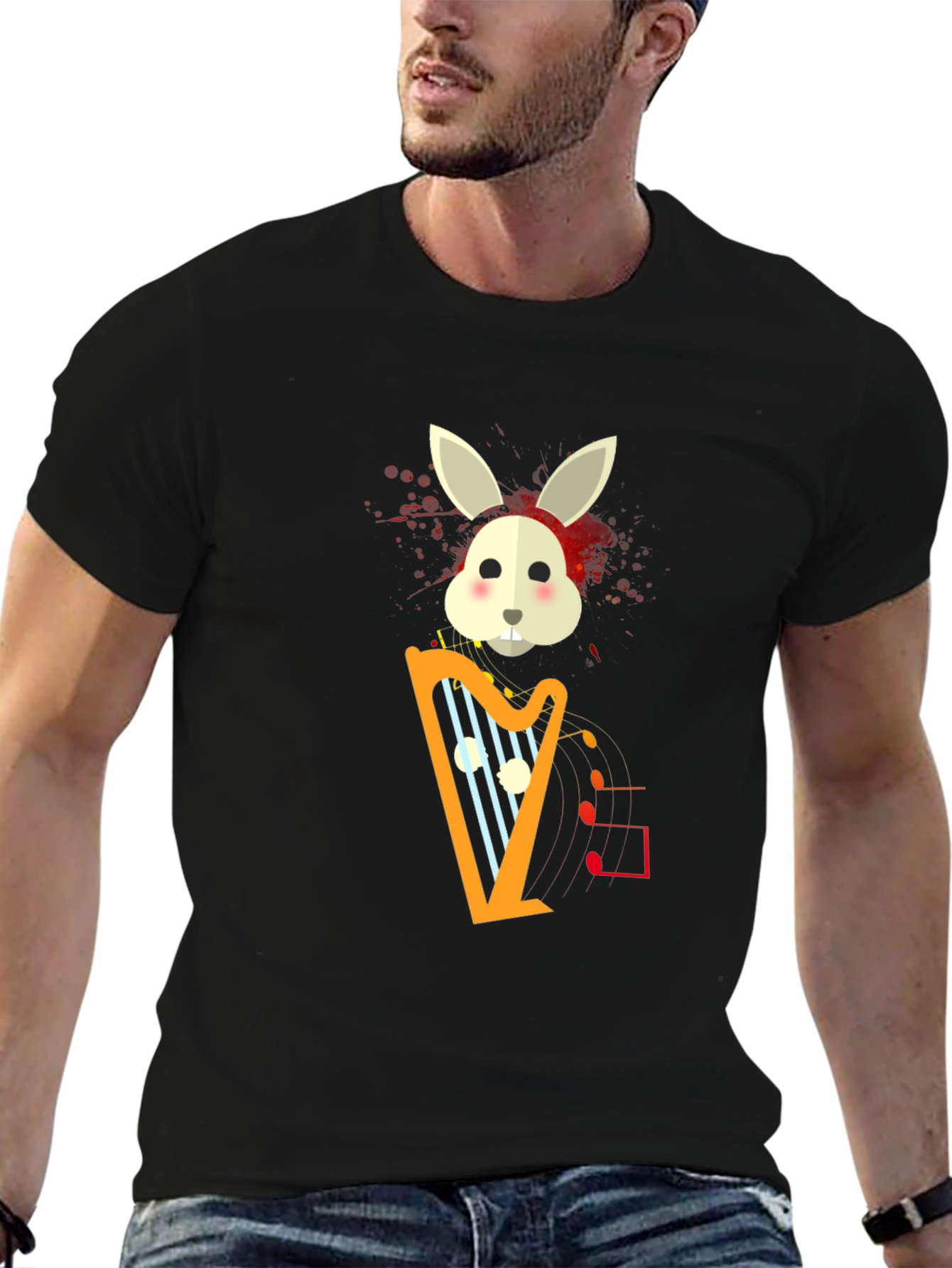 Musical Bunny Graphic Tee - Black Cotton Comfort