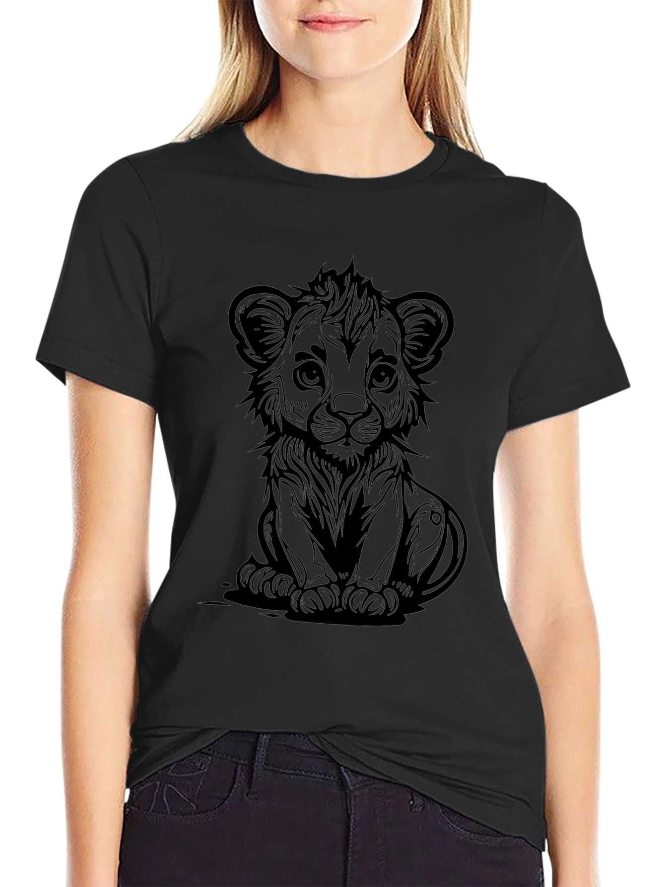 Lion Cub Graphic Tee - Black Cotton T-Shirt