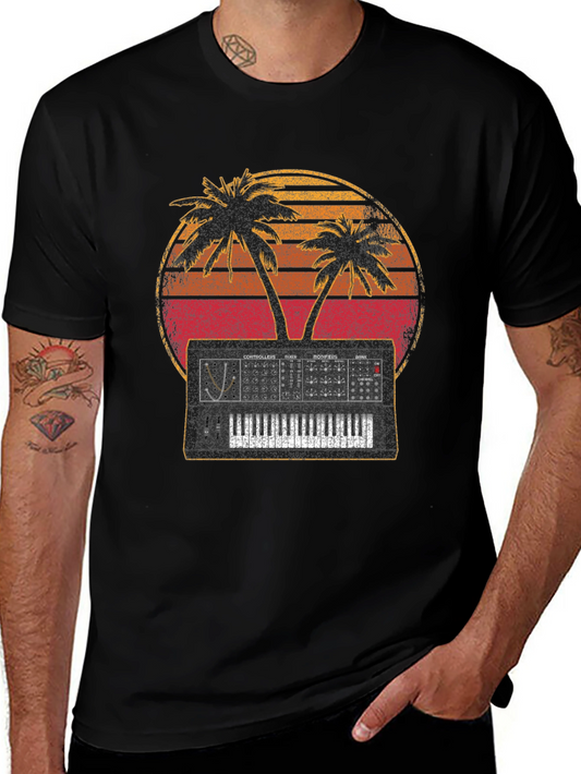 Retro Synthwave T-Shirt - Palm Tree Synthesizer Design